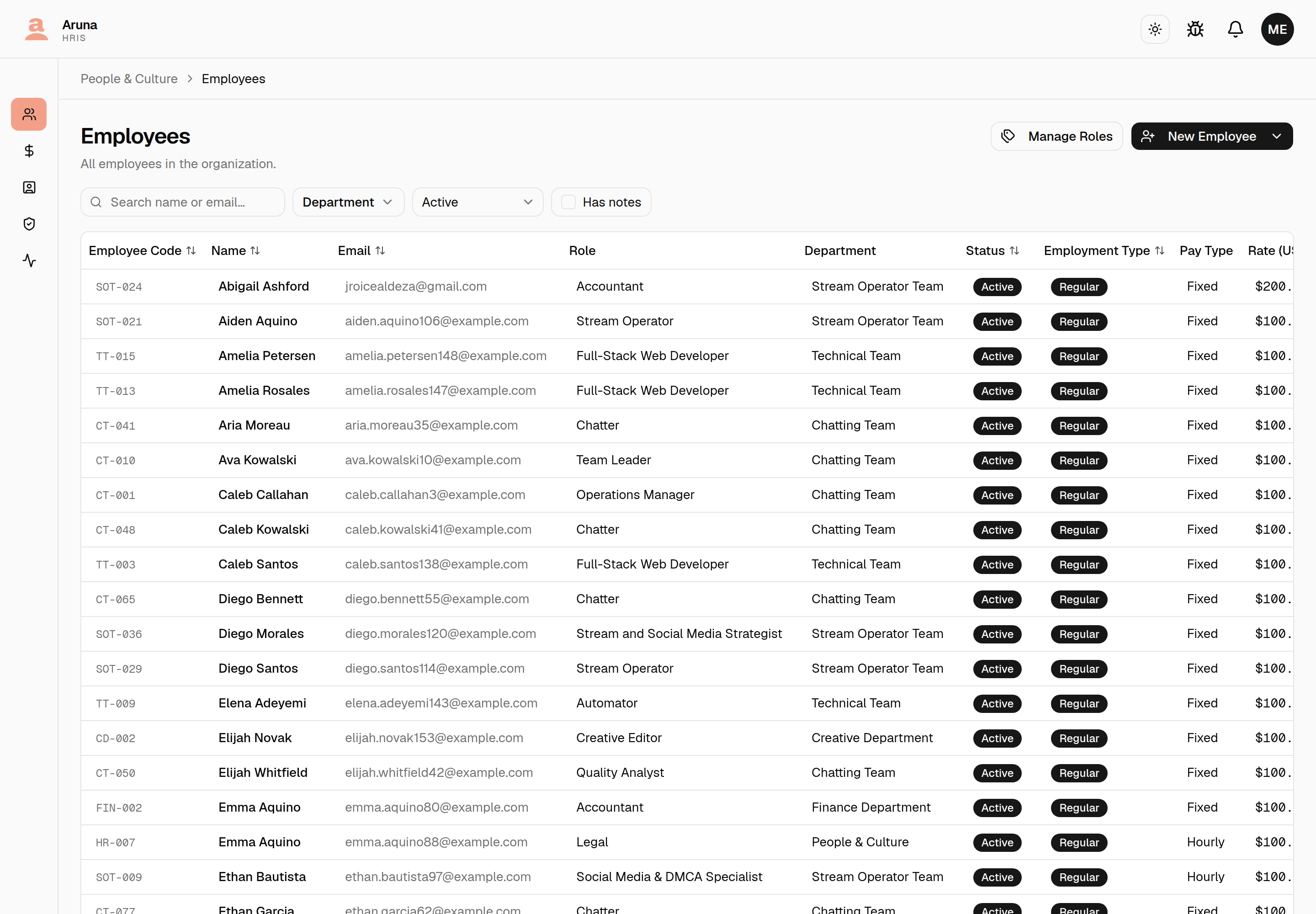 Employees list: search + Department + Active filters, and a table of code, name, email, role, department, status, and employment type.