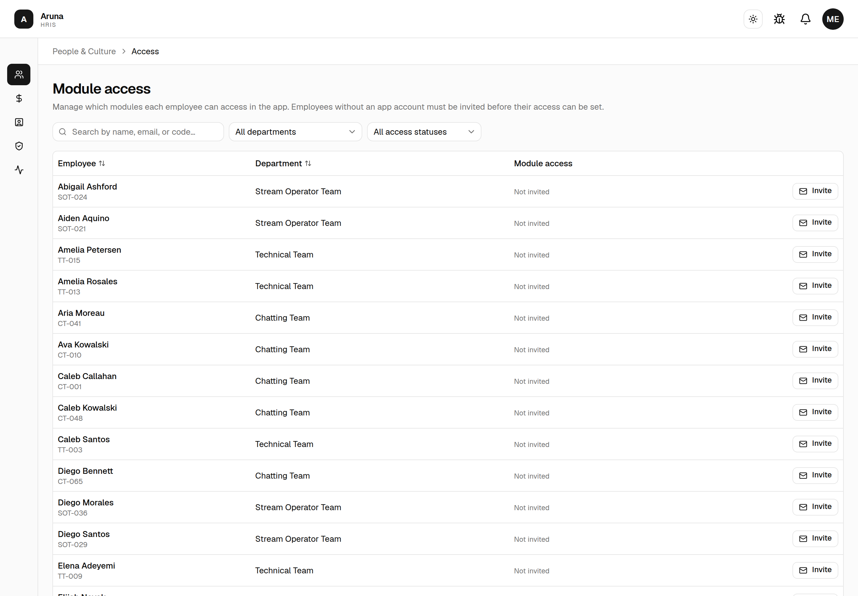 Module access: search + department + access-status filters, and each employee's module access or invitation state, with an Invite action.