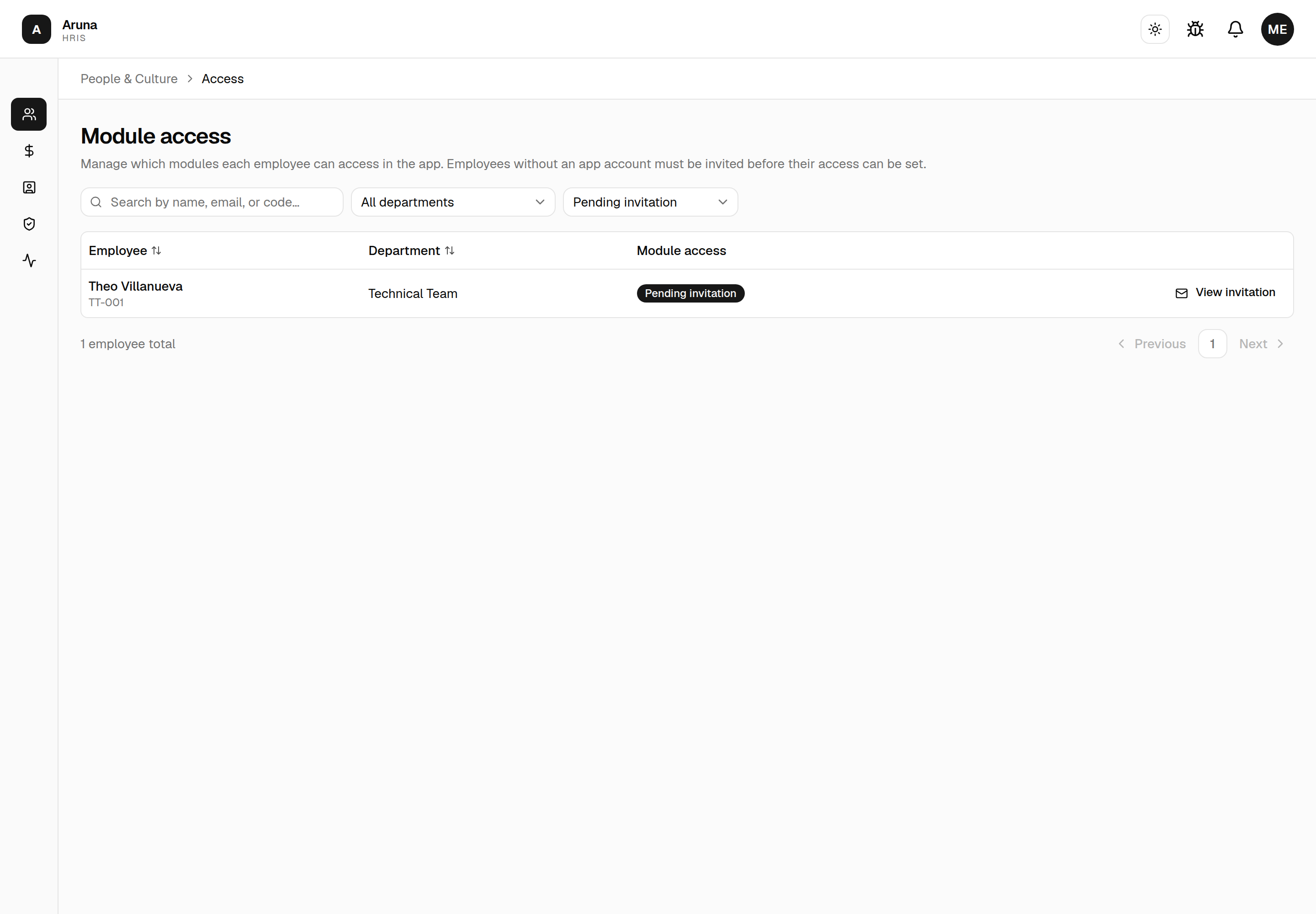 Access filtered to "Pending invitation": the employee's row shows a Pending invitation badge and a View invitation action.