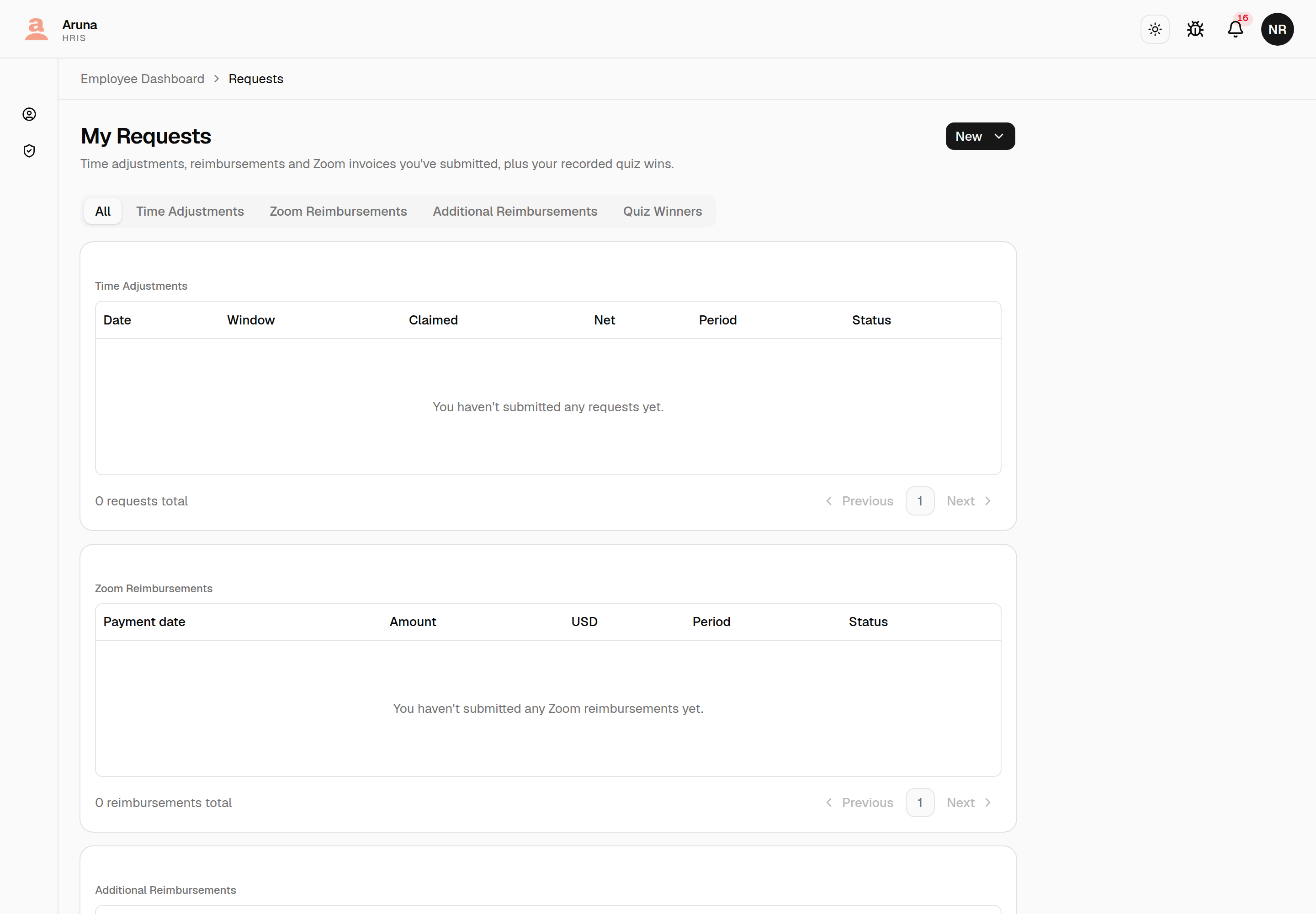 My Requests: All / Time Adjustments / Zoom Reimbursements / Additional Reimbursements / Quiz Winners tabs, with a New button.