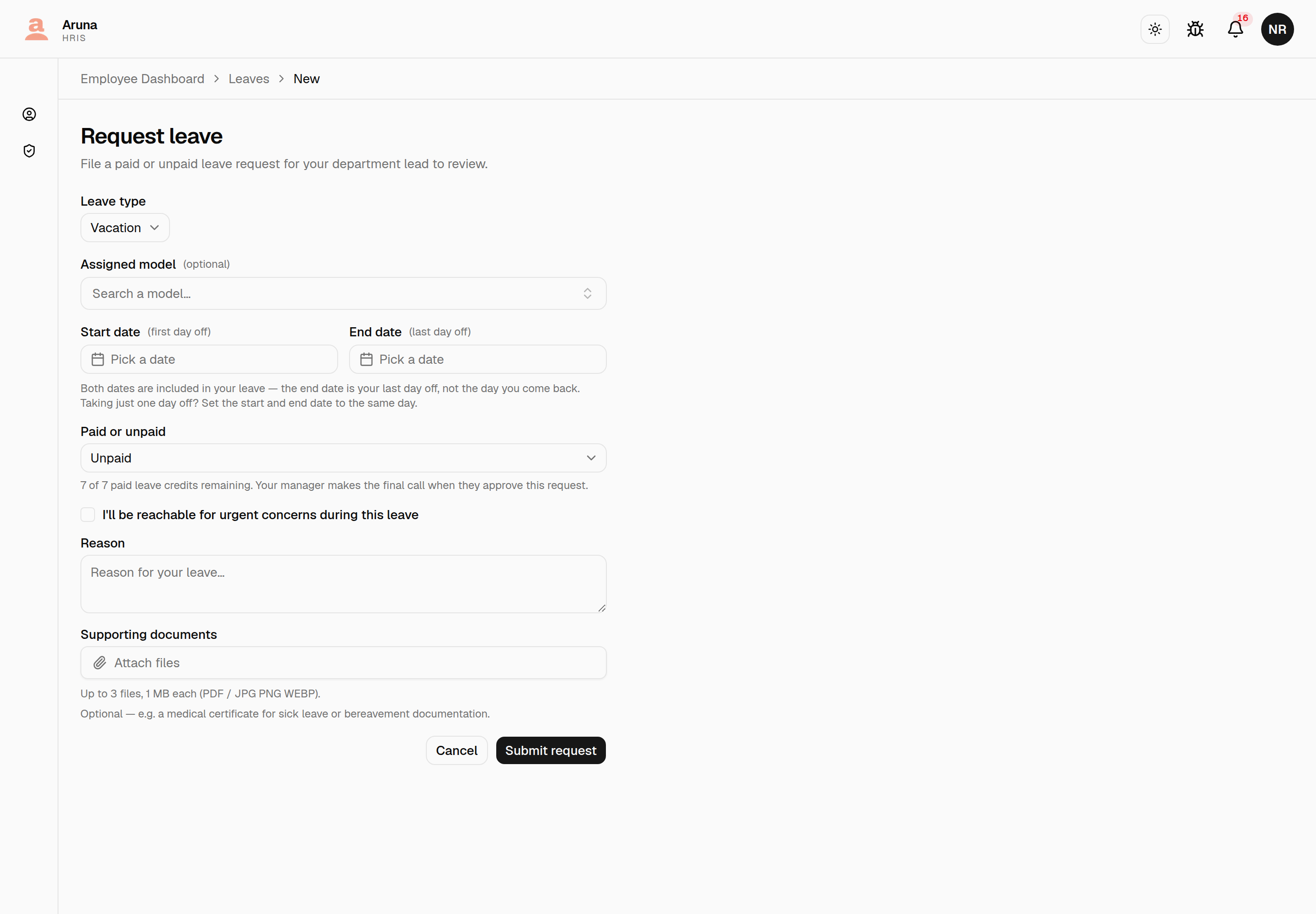 Request leave form: leave type, assigned model, start/end dates, a Paid or unpaid dropdown set to Unpaid with the remaining-credit note beneath it, a reachable checkbox, reason, and optional documents.