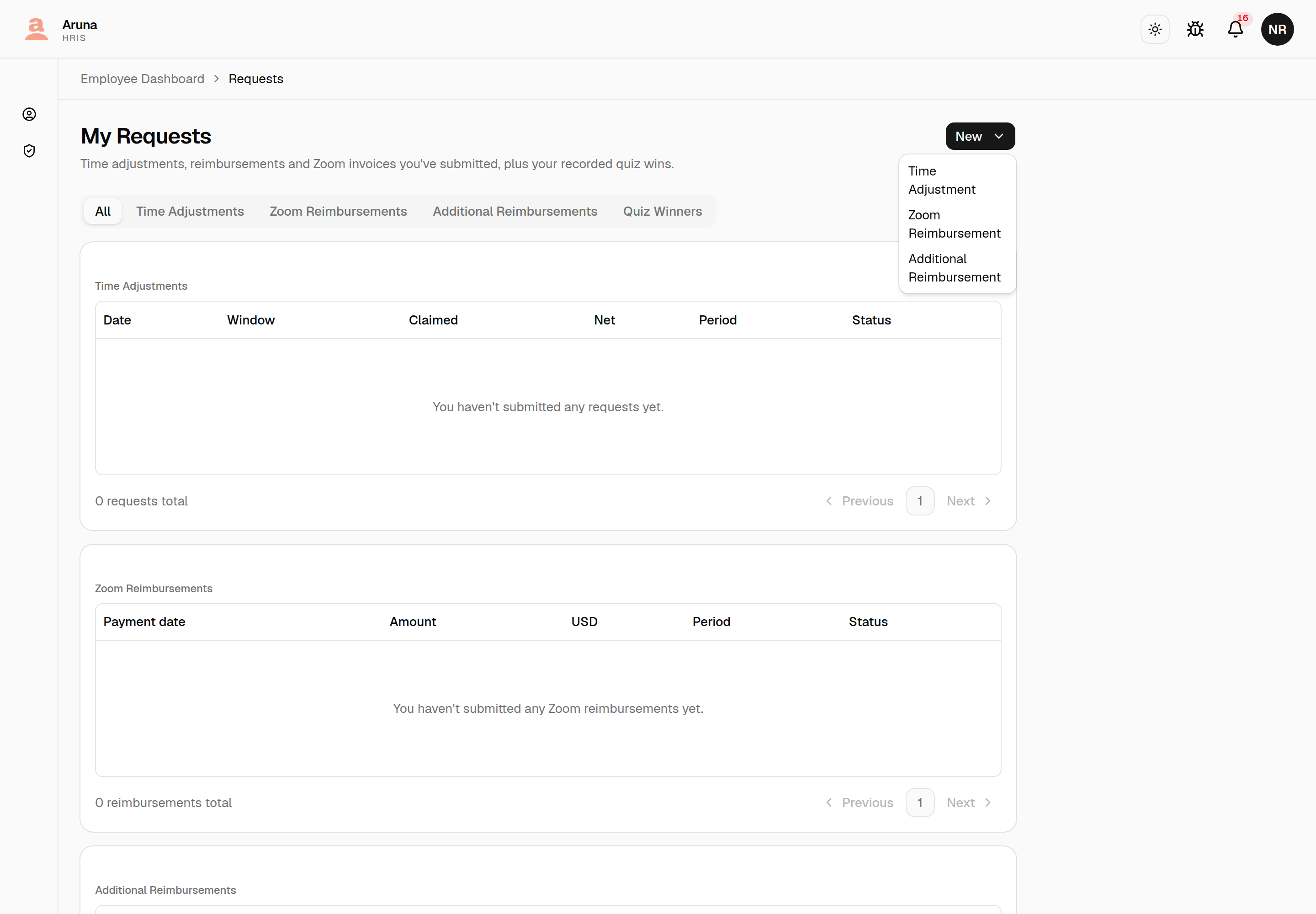 New request menu: Time Adjustment, Zoom Reimbursement, and Additional Reimbursement.