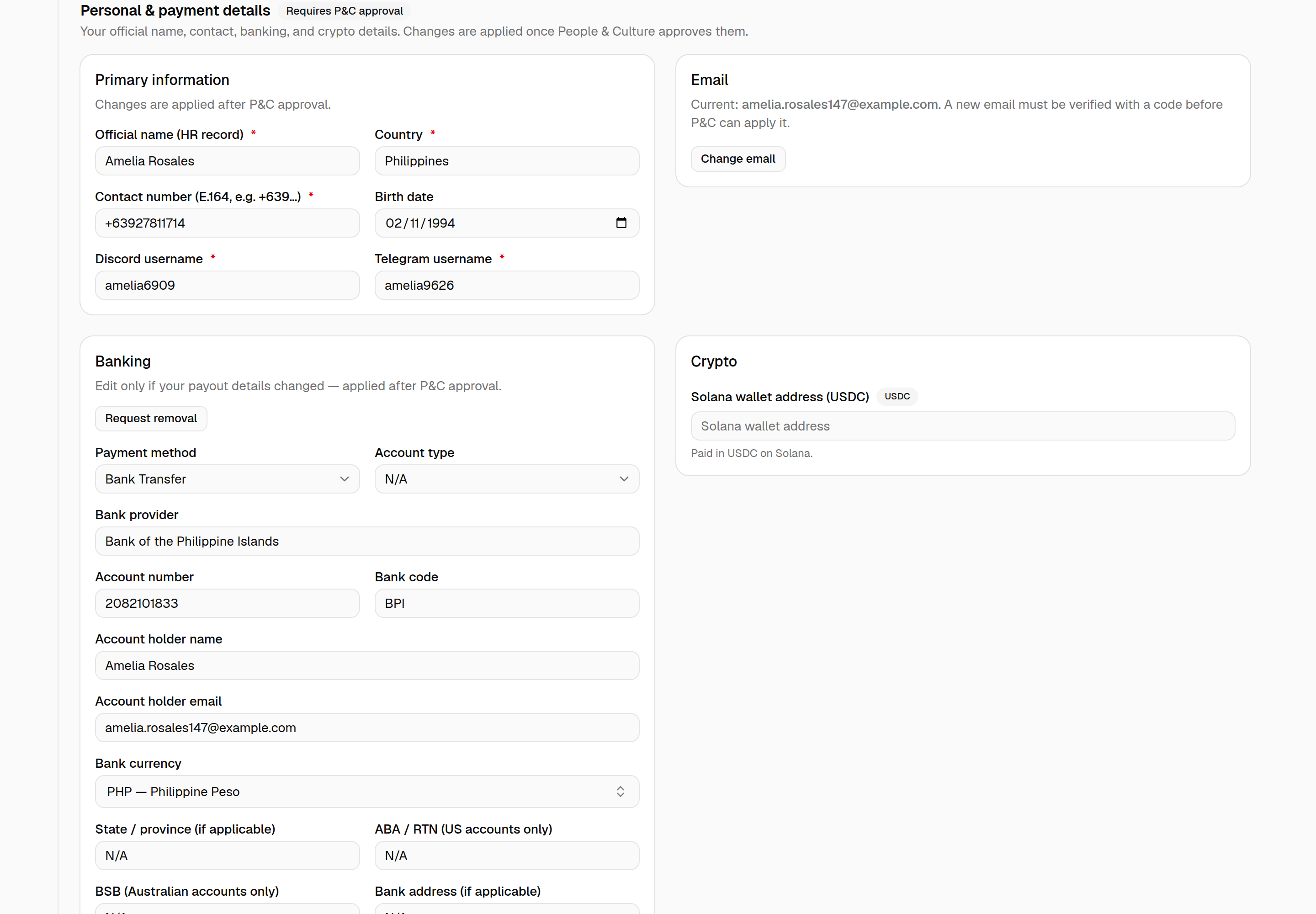 Settings — Personal & payment details: primary information and email at the top, then the Banking card with a "Request removal" button above the bank fields, the regional fields labelled "(if applicable)", "(US accounts only)" and "(Australian accounts only)", and the Crypto card beside it.