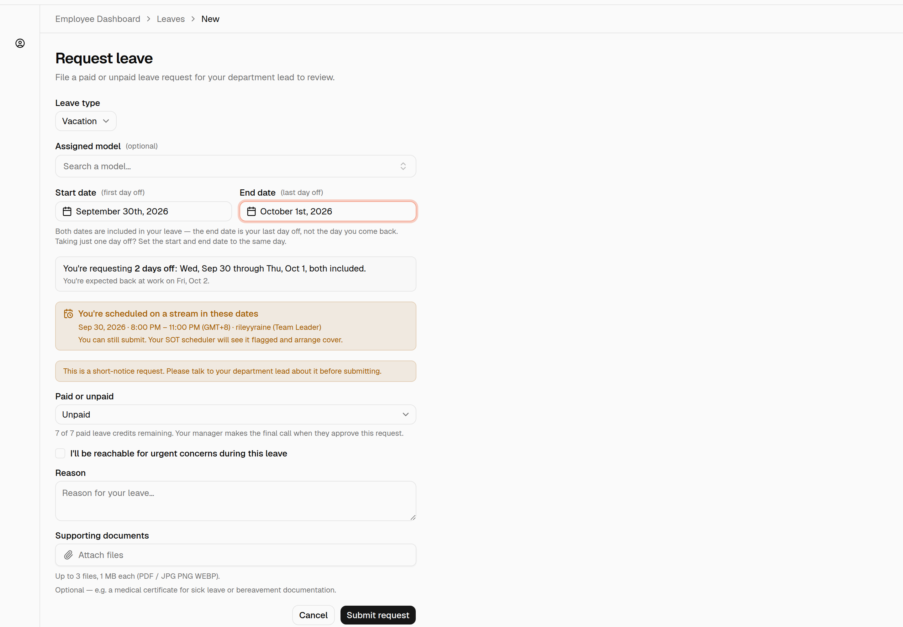 Request leave form with Sep 30 – Oct 1 picked and an amber note: "You're scheduled on a stream in these dates — Sep 30, 2026 · 8:00 PM – 11:00 PM (GMT+8) · rileyyraine (Team Leader). You can still submit. Your SOT scheduler will see it flagged and arrange cover."