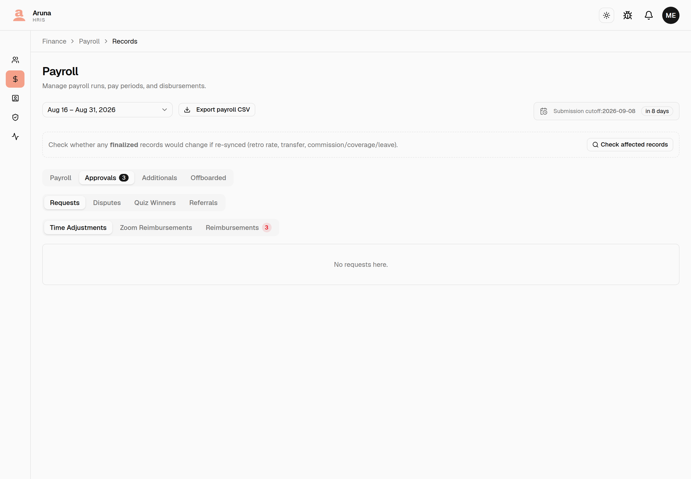 Approvals: Requests / Disputes / Quiz Winners / Referrals, with Requests split into Time Adjustments, Zoom Reimbursements, and Reimbursements.