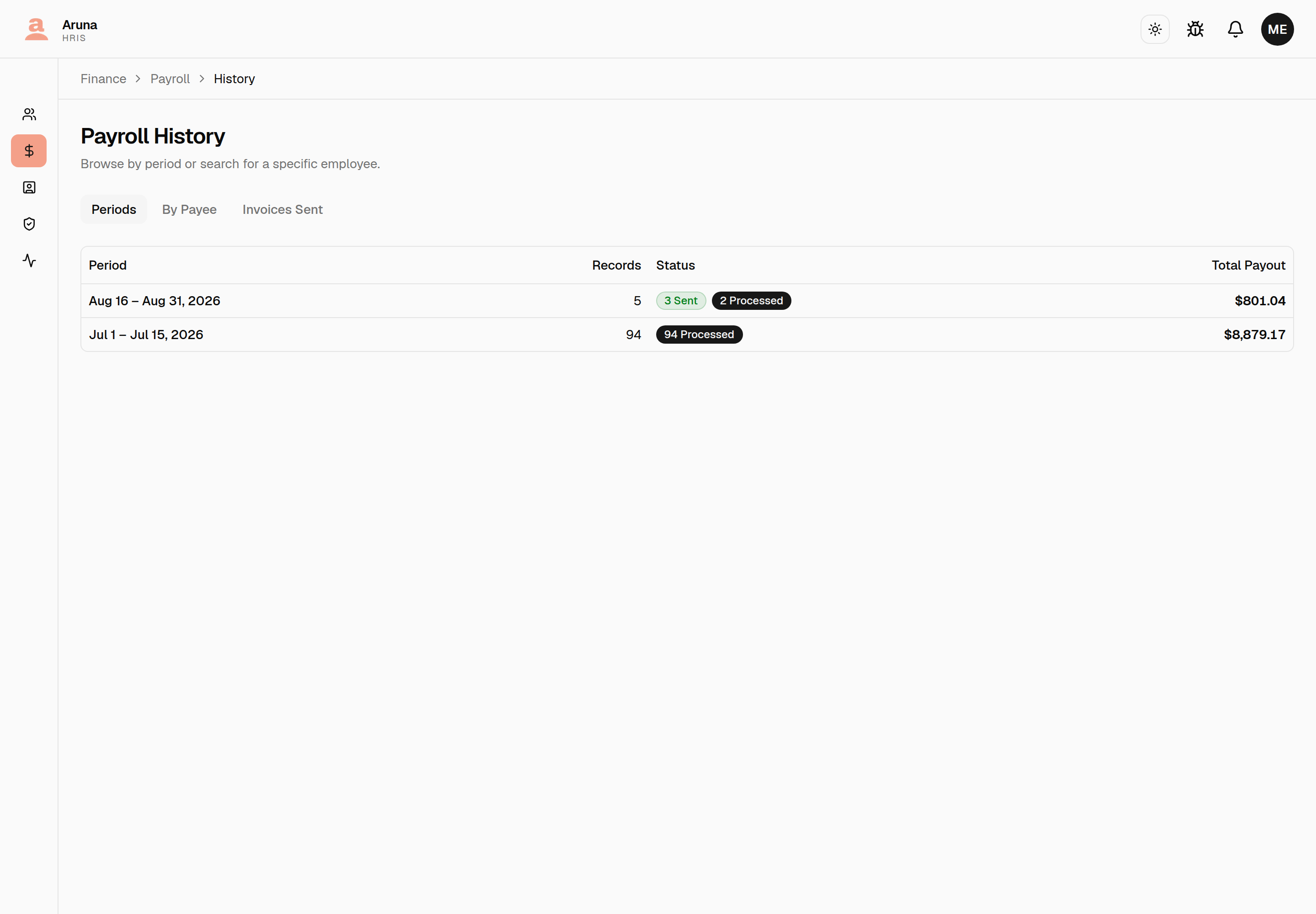 Payroll History: Periods / By Payee / Invoices Sent tabs, with each period showing its record count, a Sent/Processed status split, and the total payout.