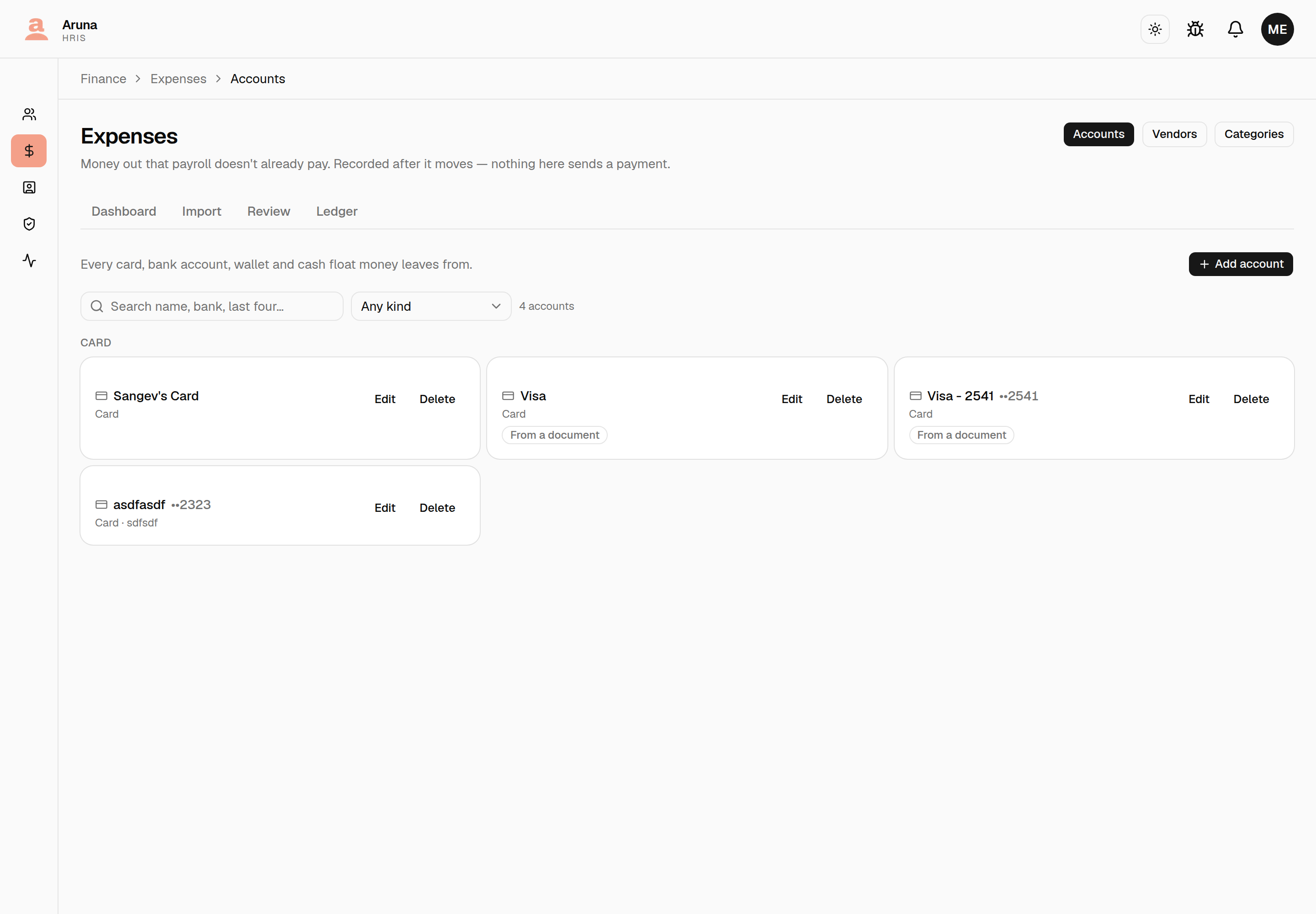 The Accounts registry under Expenses, showing our own cards grouped under a Card heading, each with an Edit and Delete action, above a search box and a kind filter.