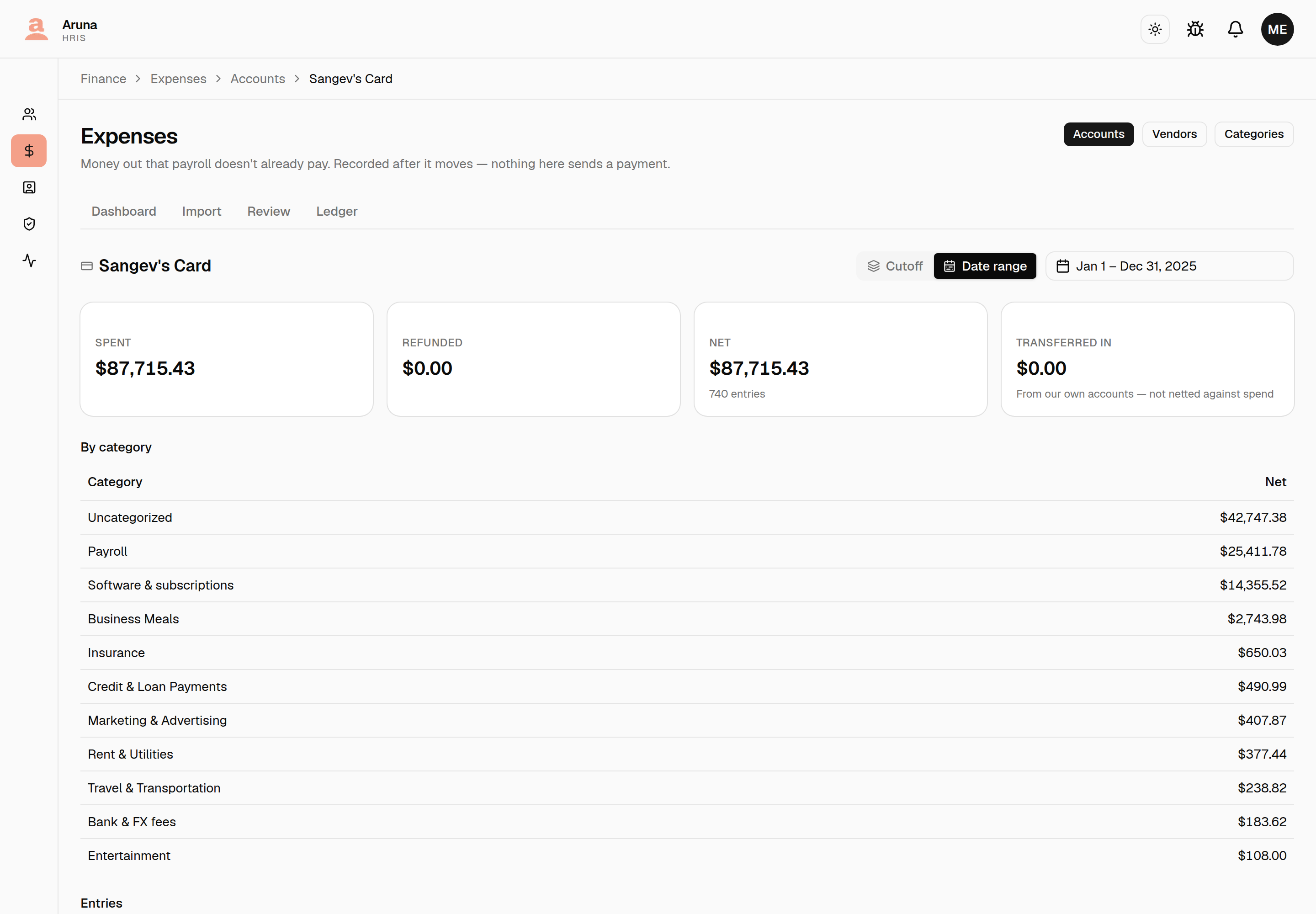 One account's detail page over a full-year window, with Spent, Refunded, Net and Internal transfers in tiles above a by-category breakdown.