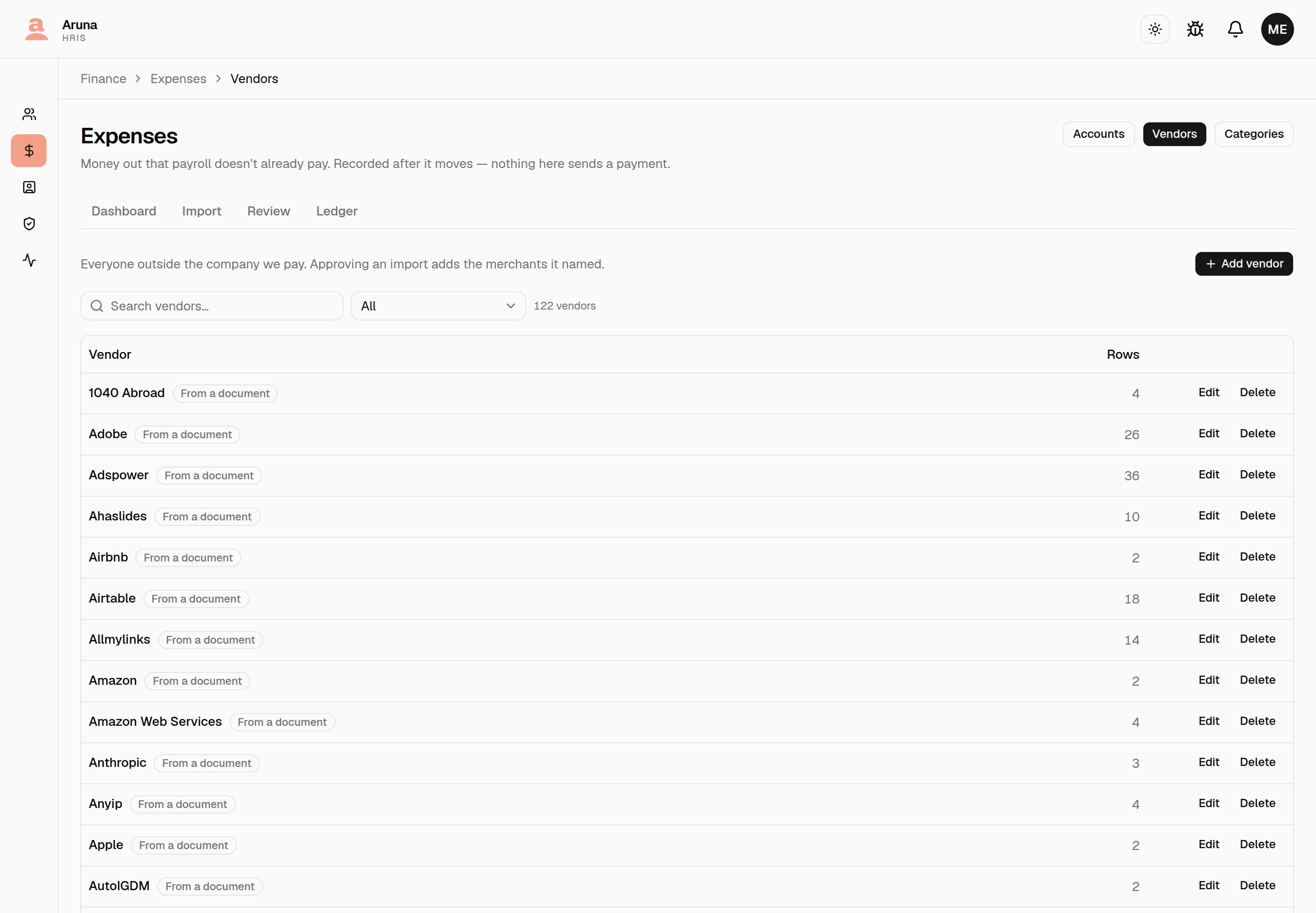 The Vendors registry, a searchable table of 122 vendors with a row count each, most marked From a document.