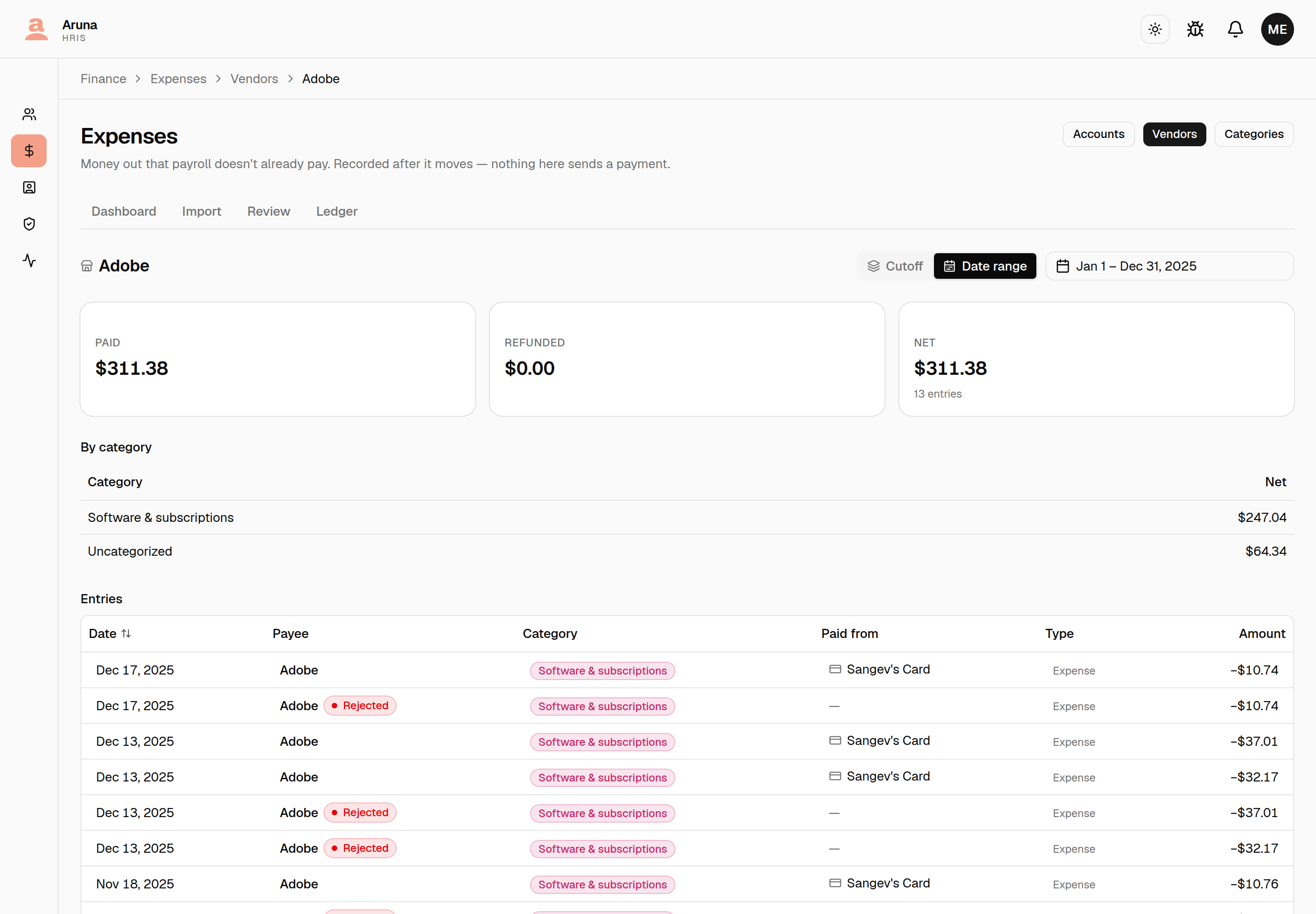 Adobe's vendor page over a full-year window, with Paid, Refunded and Net tiles, a by-category split, and the entries that named it showing which card each was paid from.