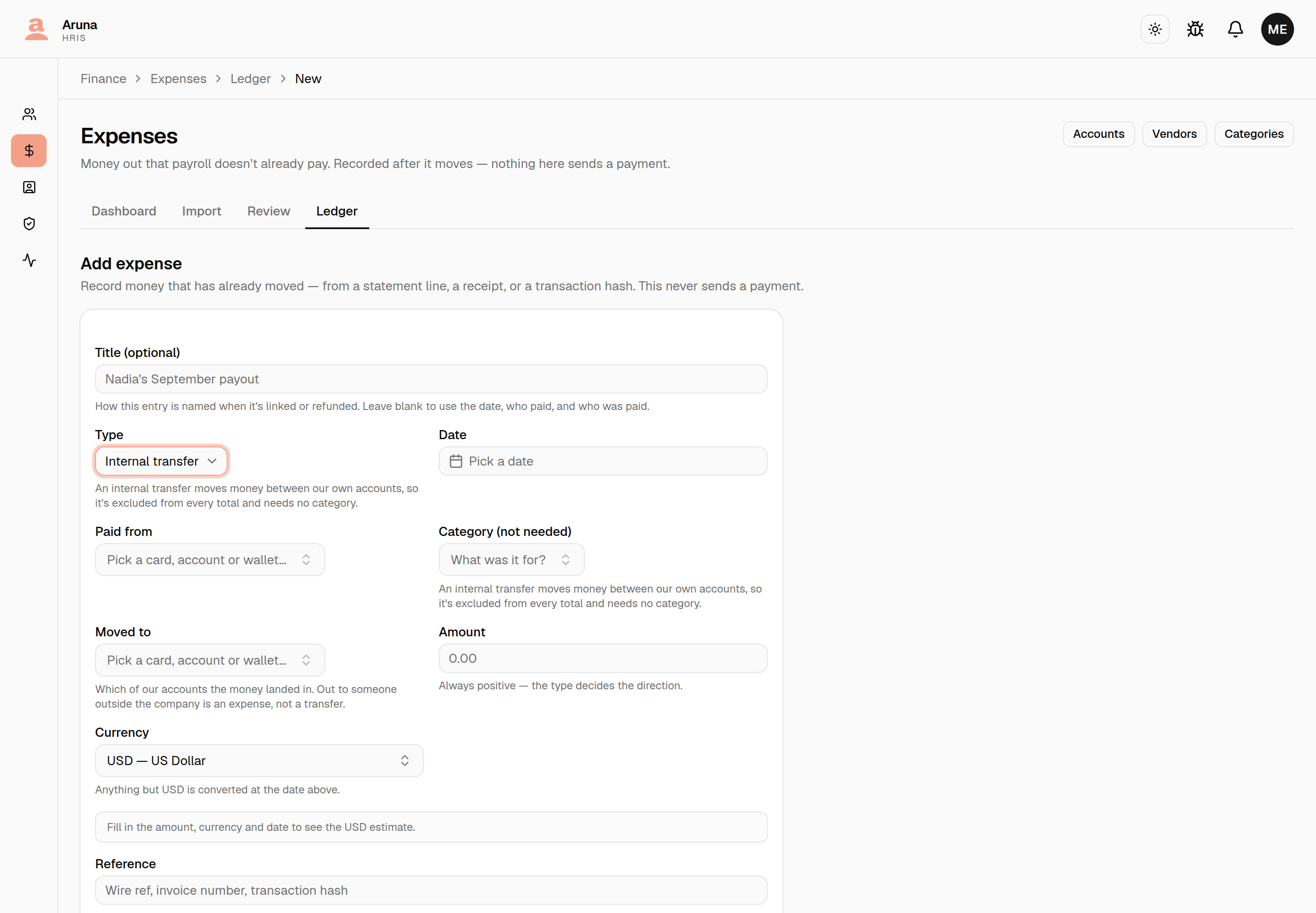 The same form with the type set to Internal transfer, where Moved to has replaced the vendor field and the category is marked not needed.