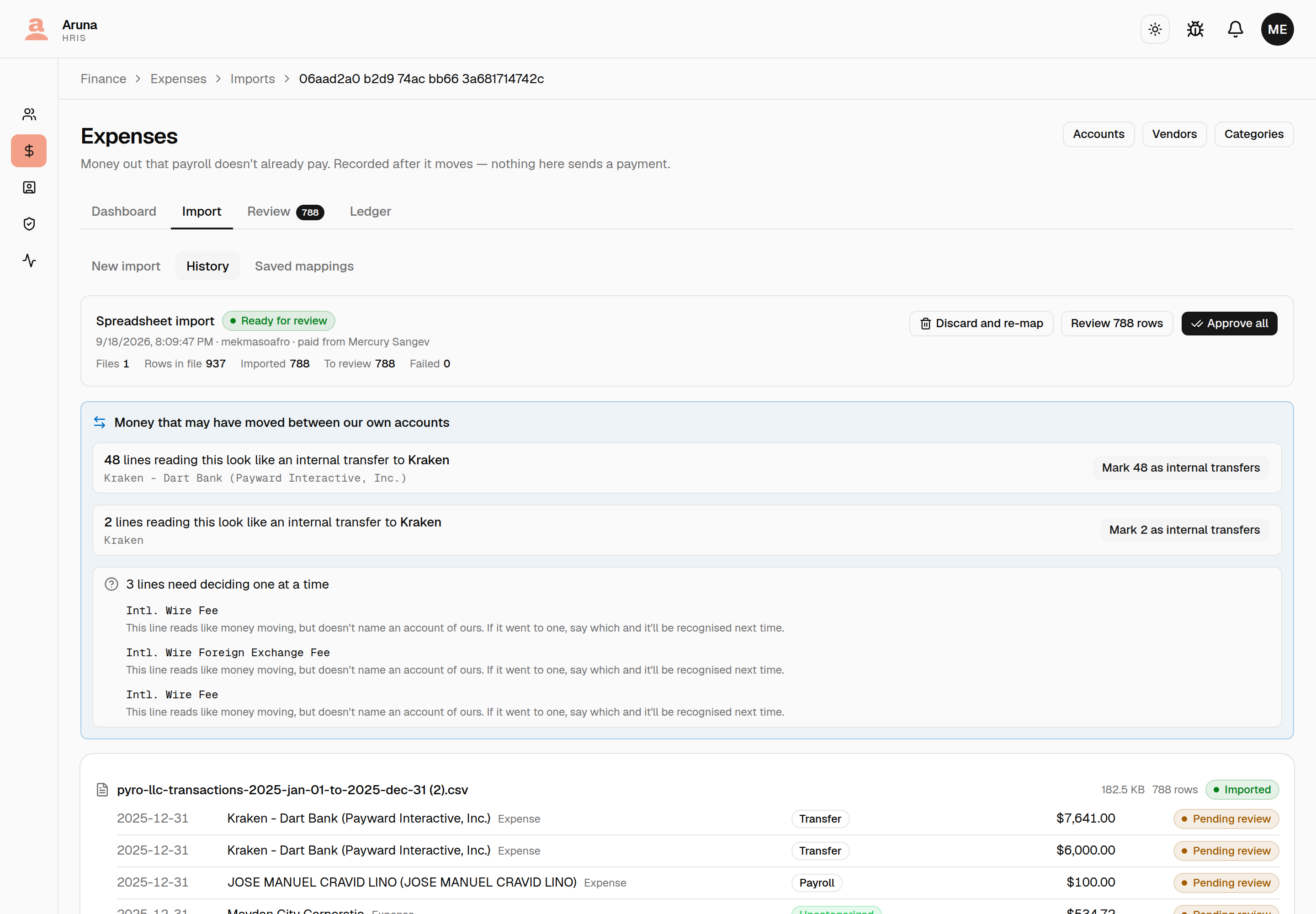 The import page with a panel reading "Money that may have moved between our own accounts", offering 48 lines as internal transfers to Kraken, 2 more under a shorter line, and three wire-fee lines listed as needing a decision each.