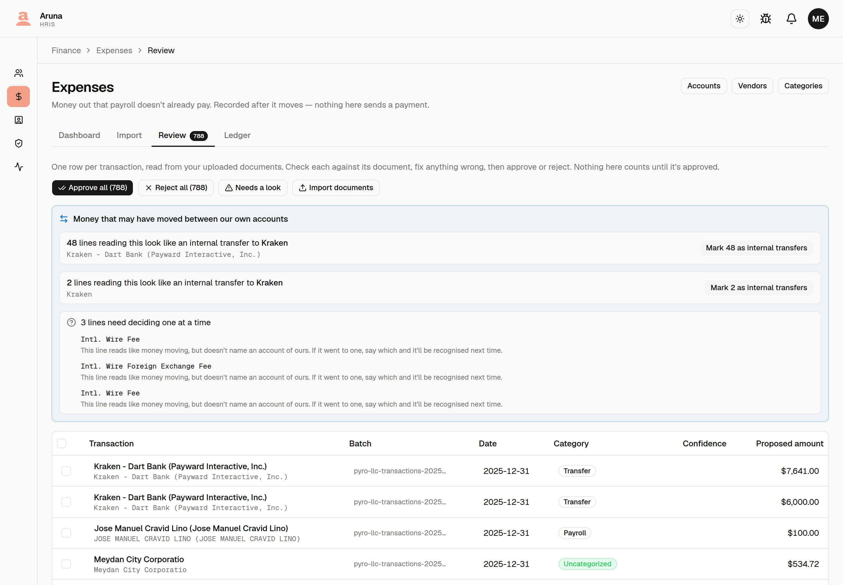 The review queue with the same transfers panel above the list of drafts.