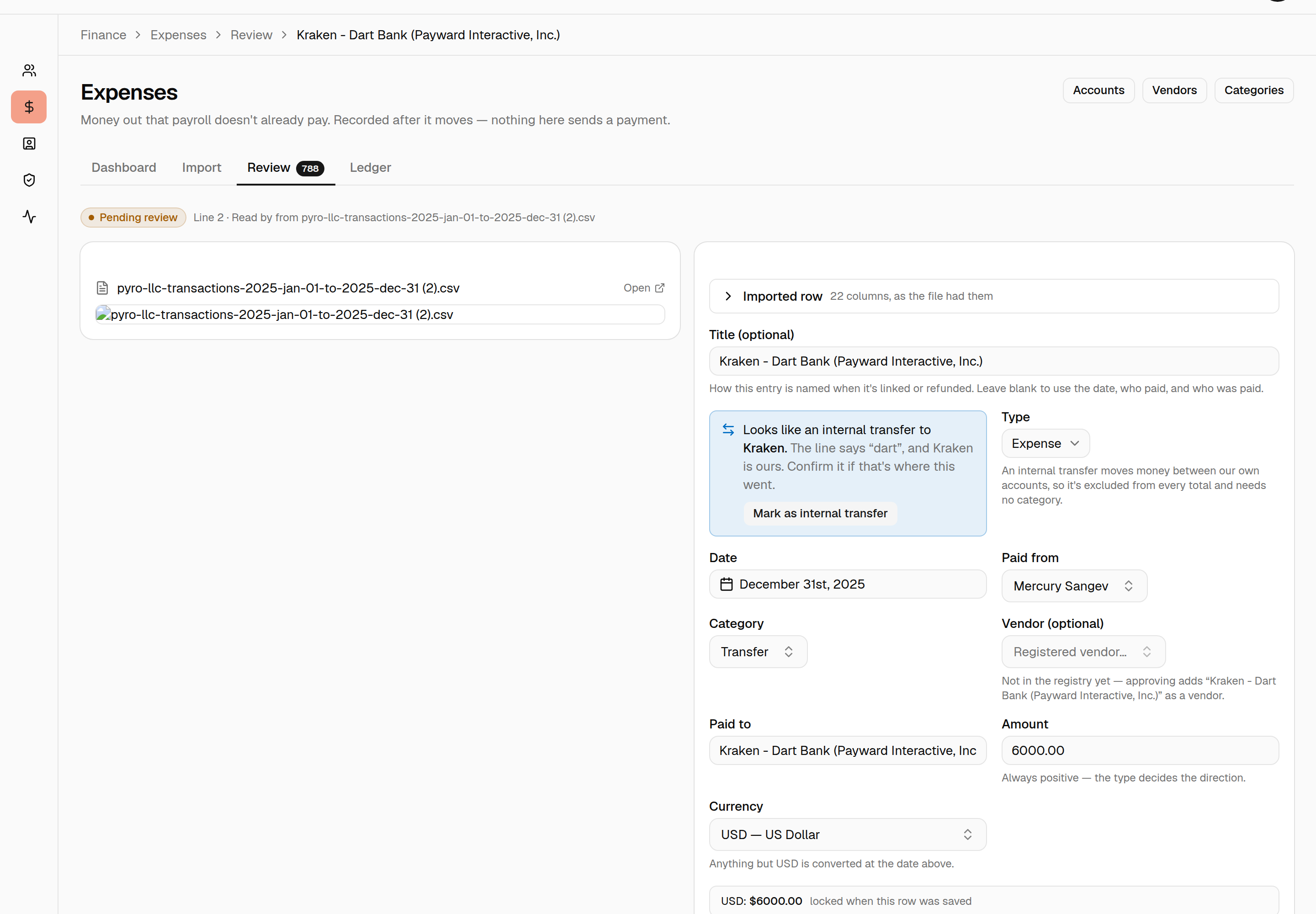 One draft's review page, with a note reading "Looks like an internal transfer to Kraken — the line says dart, and Kraken is ours" above a Mark as internal transfer button.
