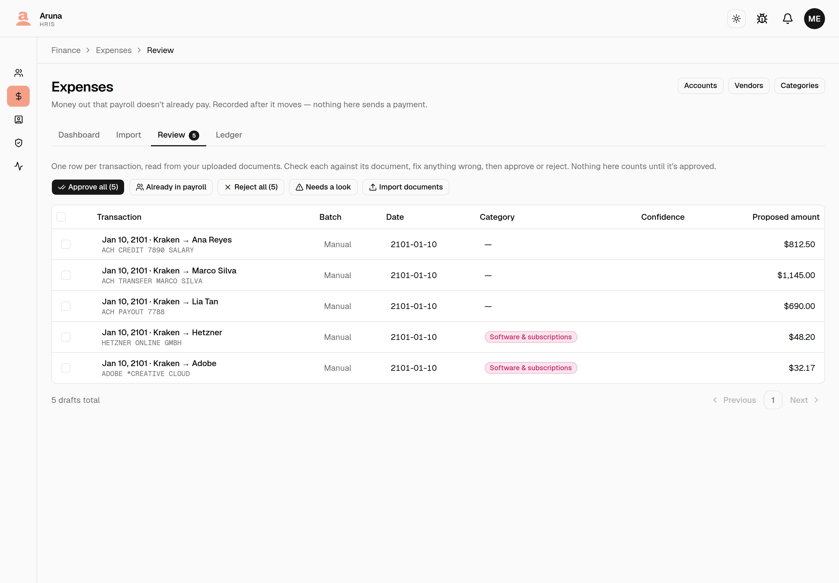 The review queue with an Already in payroll button beside Approve all and Reject all, above five drafts.