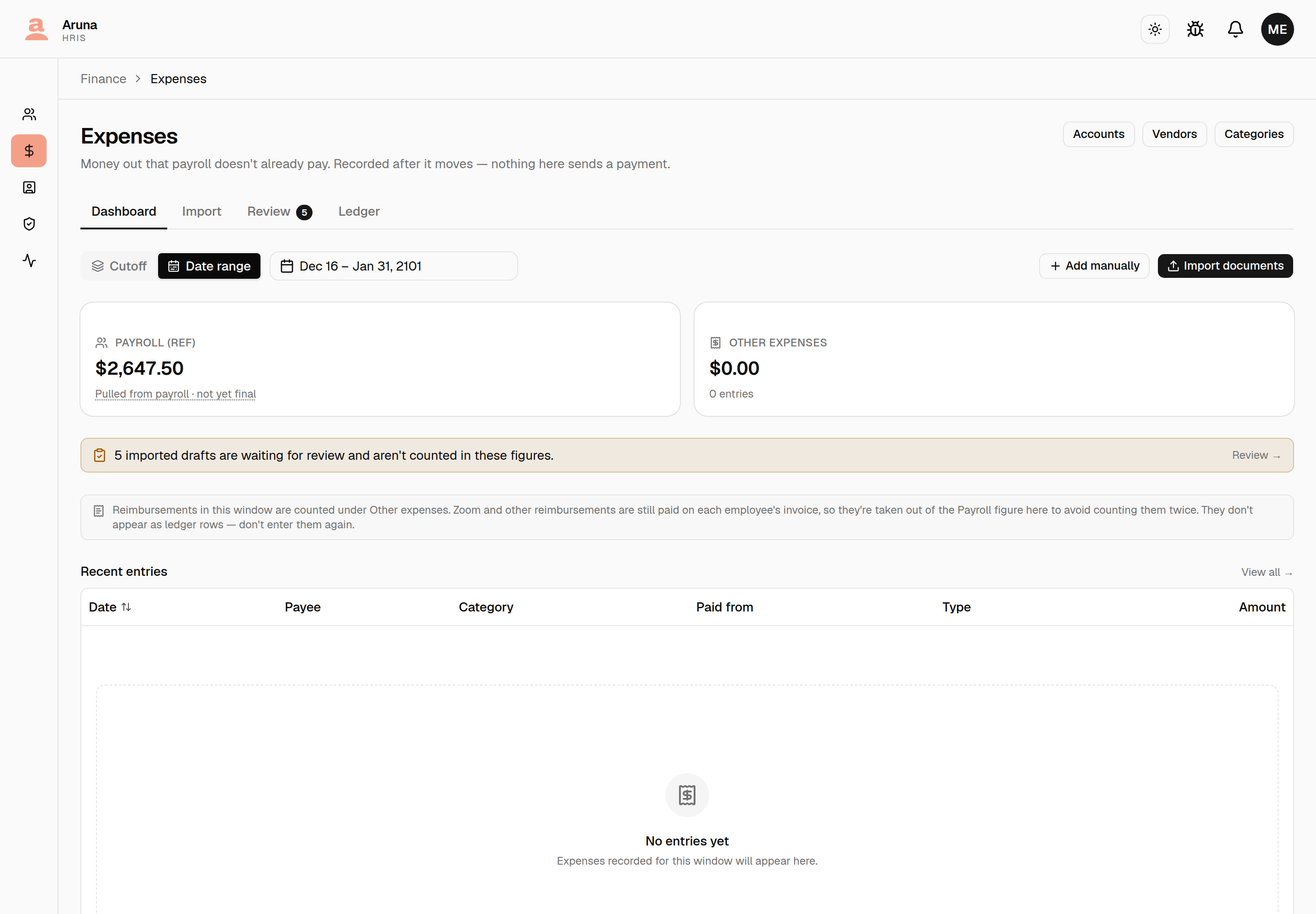 The Expenses dashboard showing a Payroll reference tile beside Other expenses, with a banner counting the drafts waiting for review.