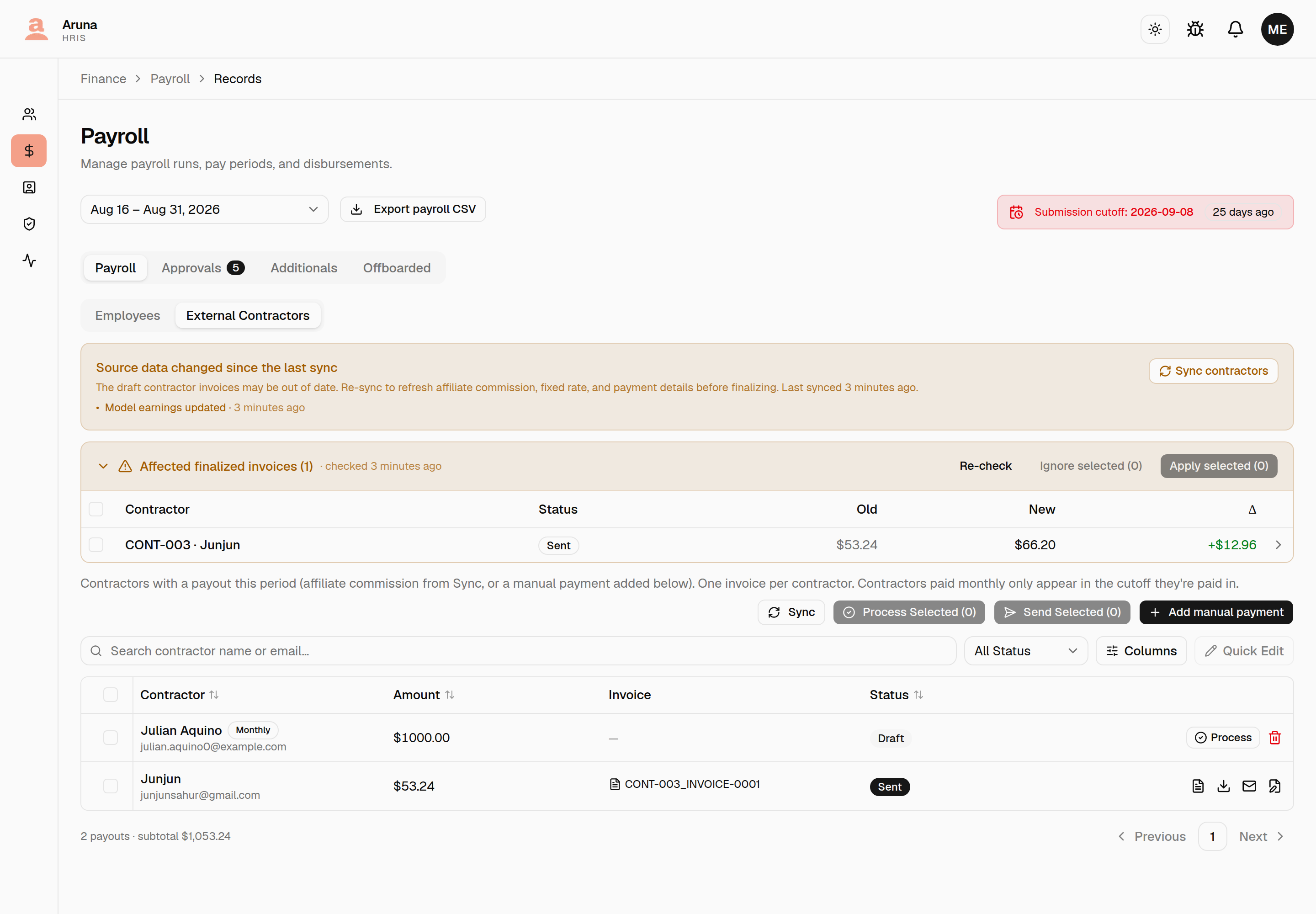 The External Contractors tab showing the contractor re-sync banner reading "Source data changed since the last sync" with a Sync contractors button, and below it the Affected finalized invoices panel listing CONT-003 Junjun as Sent, $53.24 old, $66.20 new, +$12.96 difference.