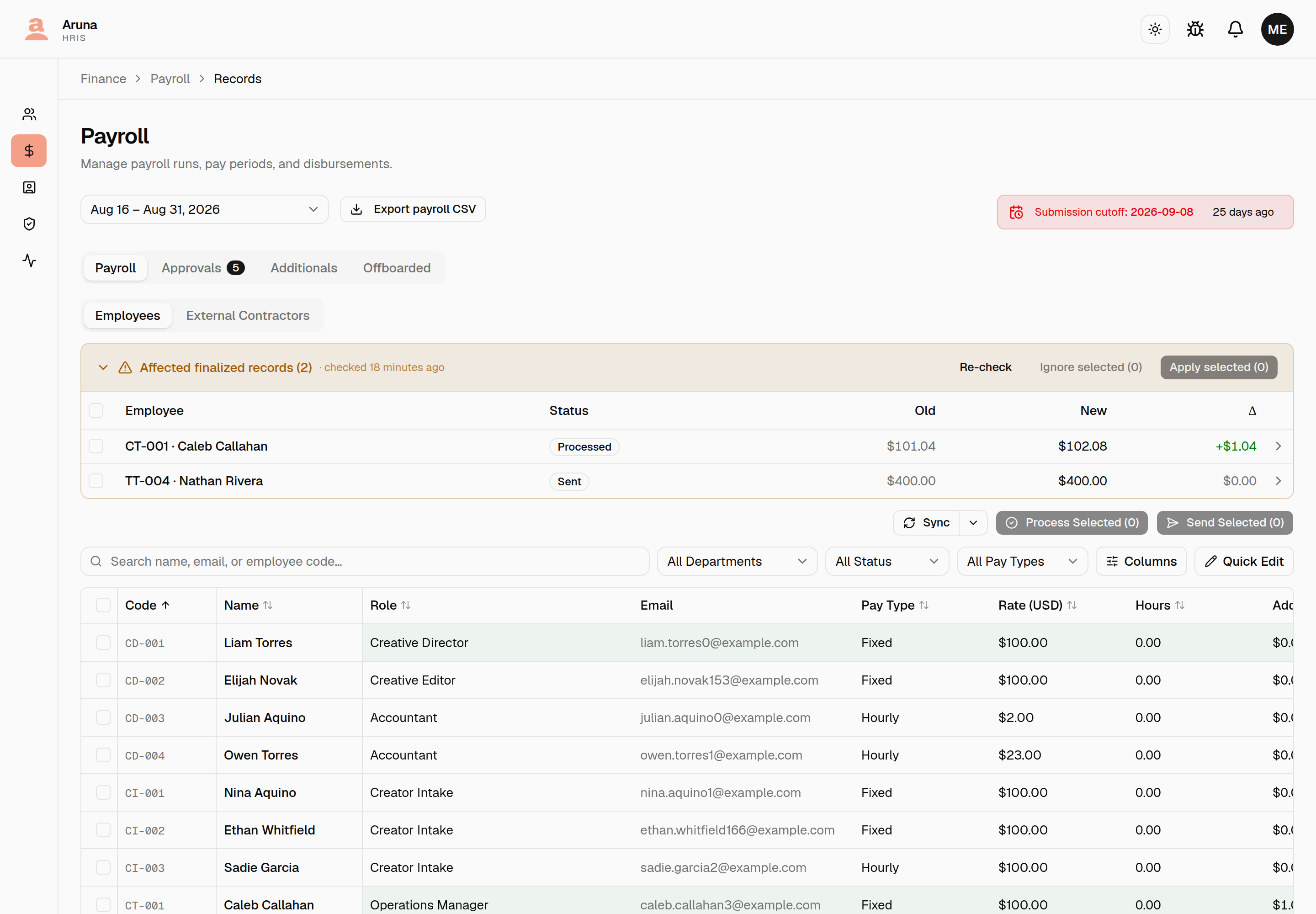 The Employees tab showing the Affected finalized records panel with two rows: CT-001 Caleb Callahan, Processed, $101.04 old against $102.08 new for a +$1.04 difference, and TT-004 Nathan Rivera, Sent, $400.00 unchanged.
