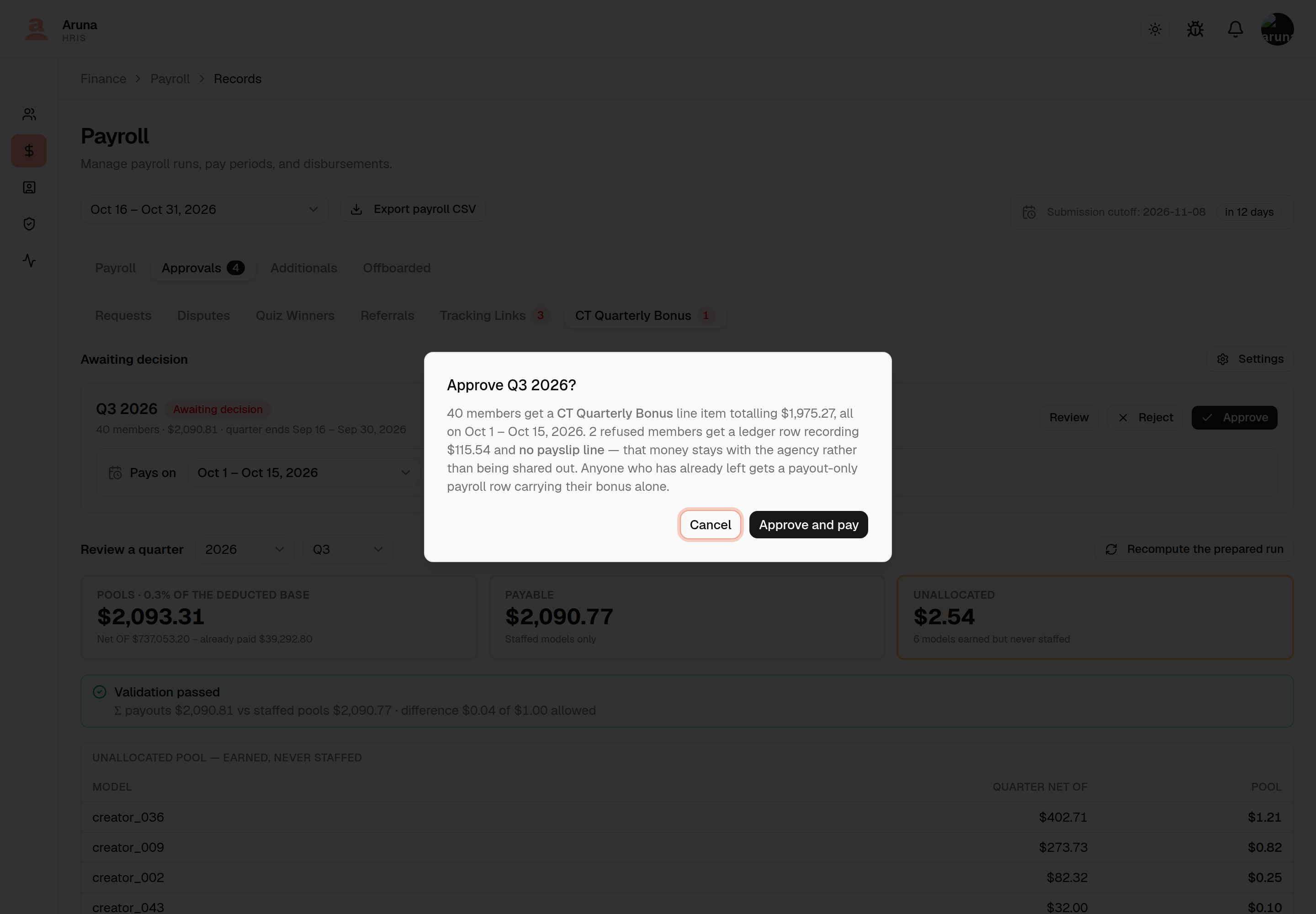 The Approve Q3 2026 confirmation over the run card, which shows "Pays on" set to Oct 1 – Oct 15, 2026 behind it. The dialog reads "40 members get a CT Quarterly Bonus line item totalling $1,975.27, all on Oct 1 – Oct 15, 2026. 2 refused members get a ledger row recording $115.54 and no payslip line — that money stays with the agency rather than being shared out. Anyone who has already left gets a payout-only payroll row carrying their bonus alone." Cancel and "Approve and pay" sit at the bottom.