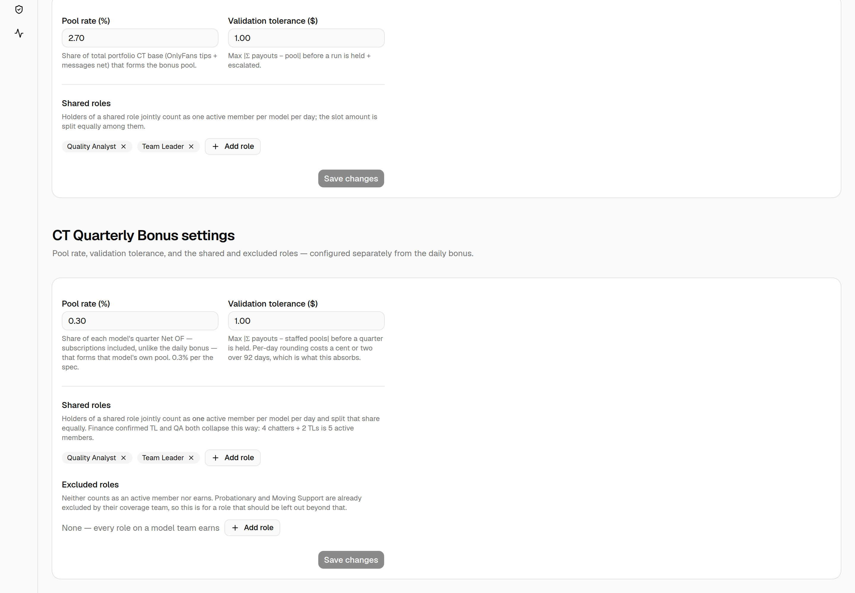 CT Quarterly Bonus settings: pool rate 0.30%, validation tolerance $1.00, shared roles Team Leader and Quality Analyst, and an empty excluded-roles list.