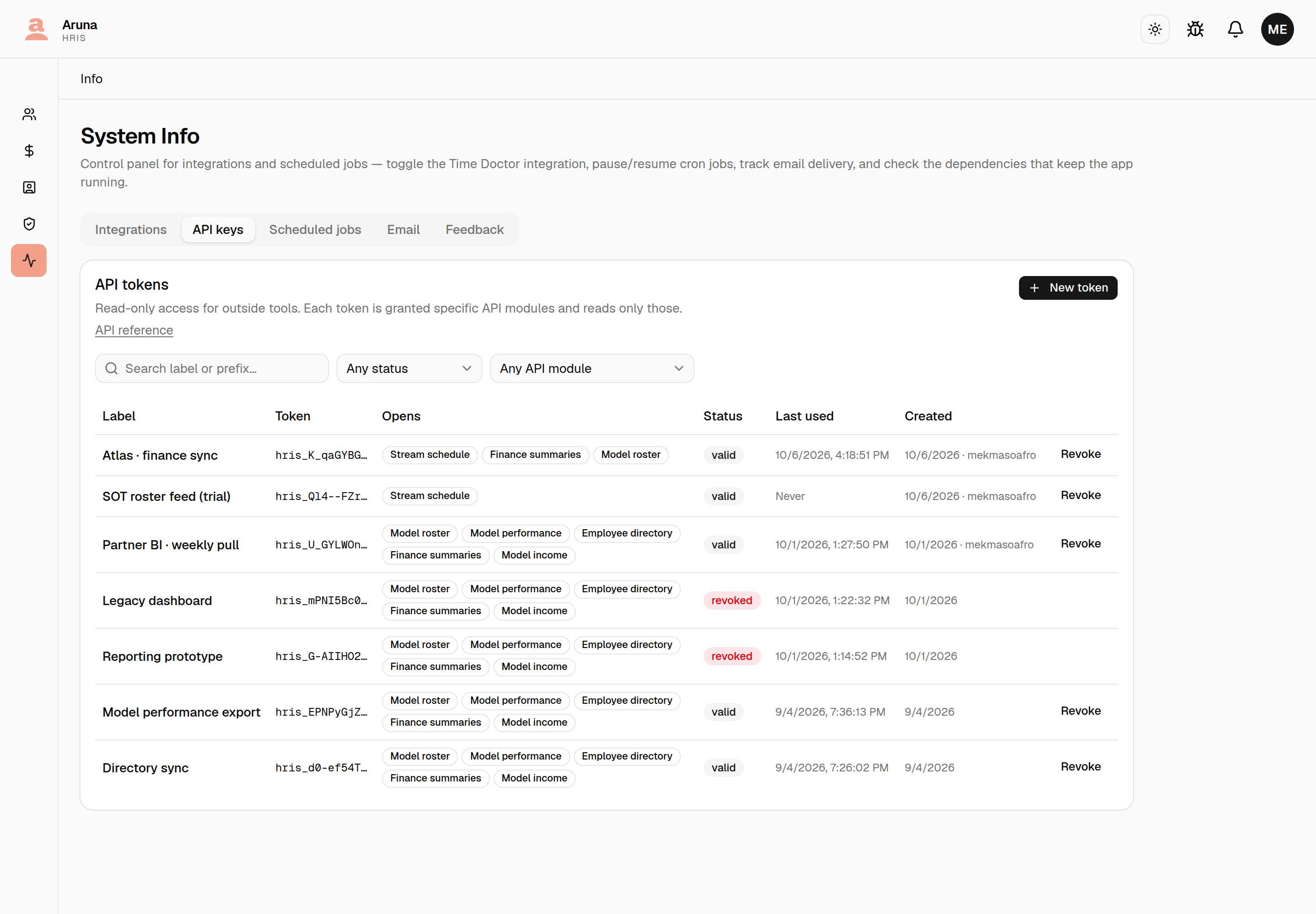 The API keys tab on System Info: an "API tokens" card with a New token button, a link to the API reference, a search box and Any status / Any API module filters, then a table with Label, Token, Opens, Status, Last used and Created columns. Each row's Opens column lists the API modules that key was granted as badges, and rows show valid or revoked statuses.