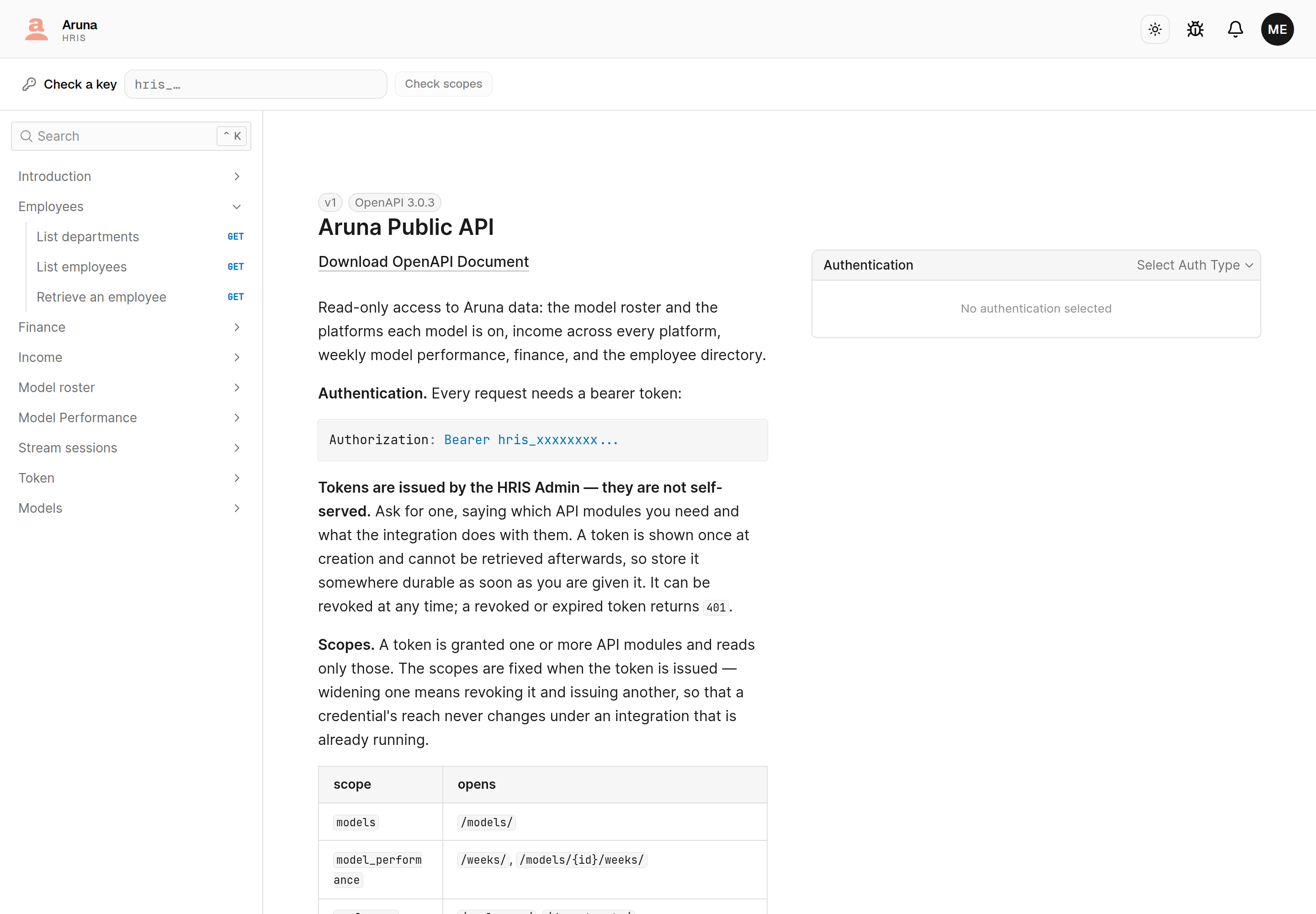 The HRIS API reference inside the app: a "Check a key" bar across the top with a masked input and a Check scopes button, then the Scalar-rendered reference — a left sidebar listing Introduction, Employees, Finance, Income, Model roster, Model Performance, Stream sessions and Token, and the Aruna Public API introduction with its authentication and scopes sections.