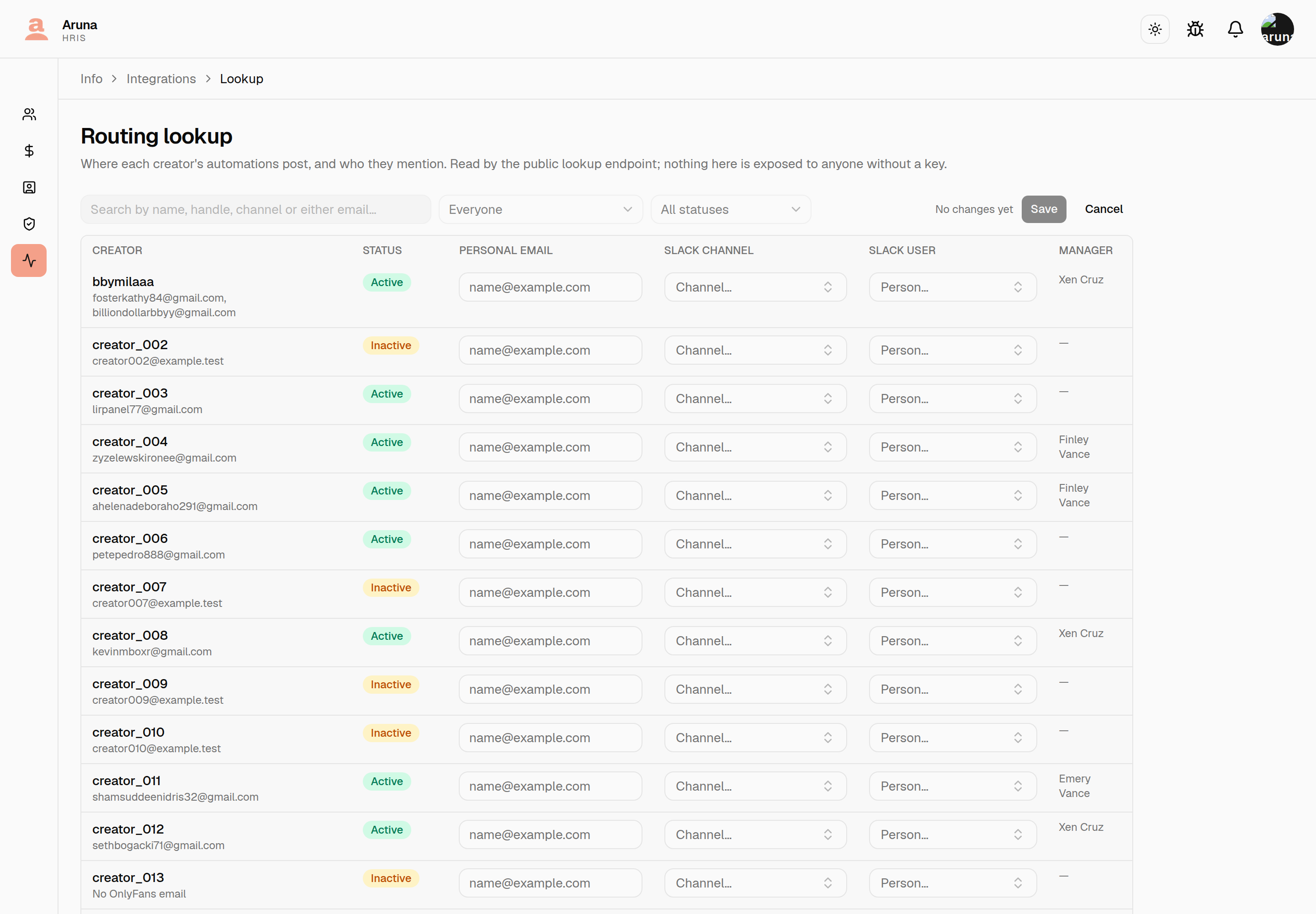 The Routing lookup table in edit mode: every row's personal email is a text box and its Slack channel and Slack user are dropdowns, with "No changes yet", Save and Cancel in the header above the table. The Status and Manager columns stay as read-only text.