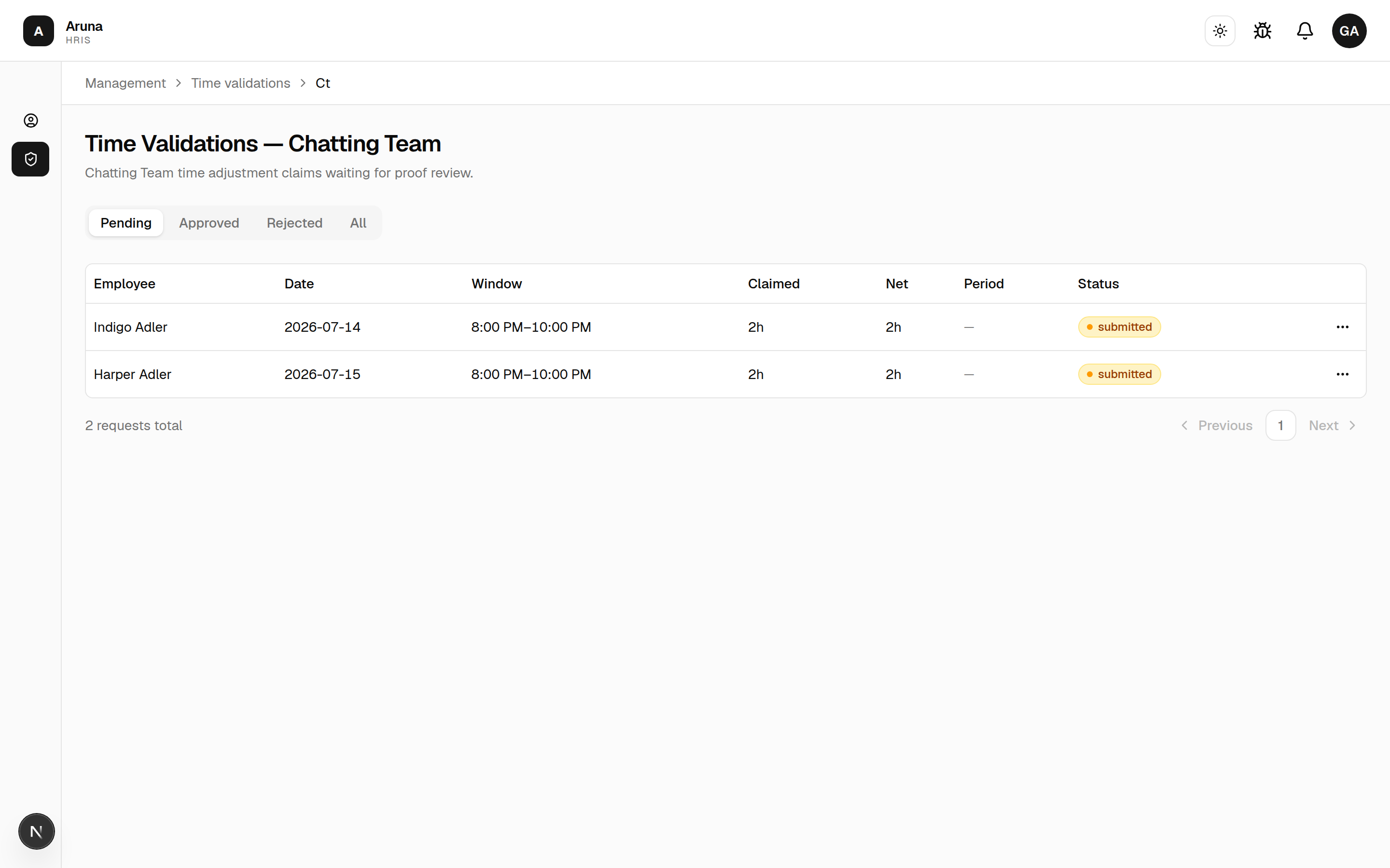 Time-adjustment review dialog: claim details, Time Doctor sessions, approved-hours field, note, and Approve/Reject.