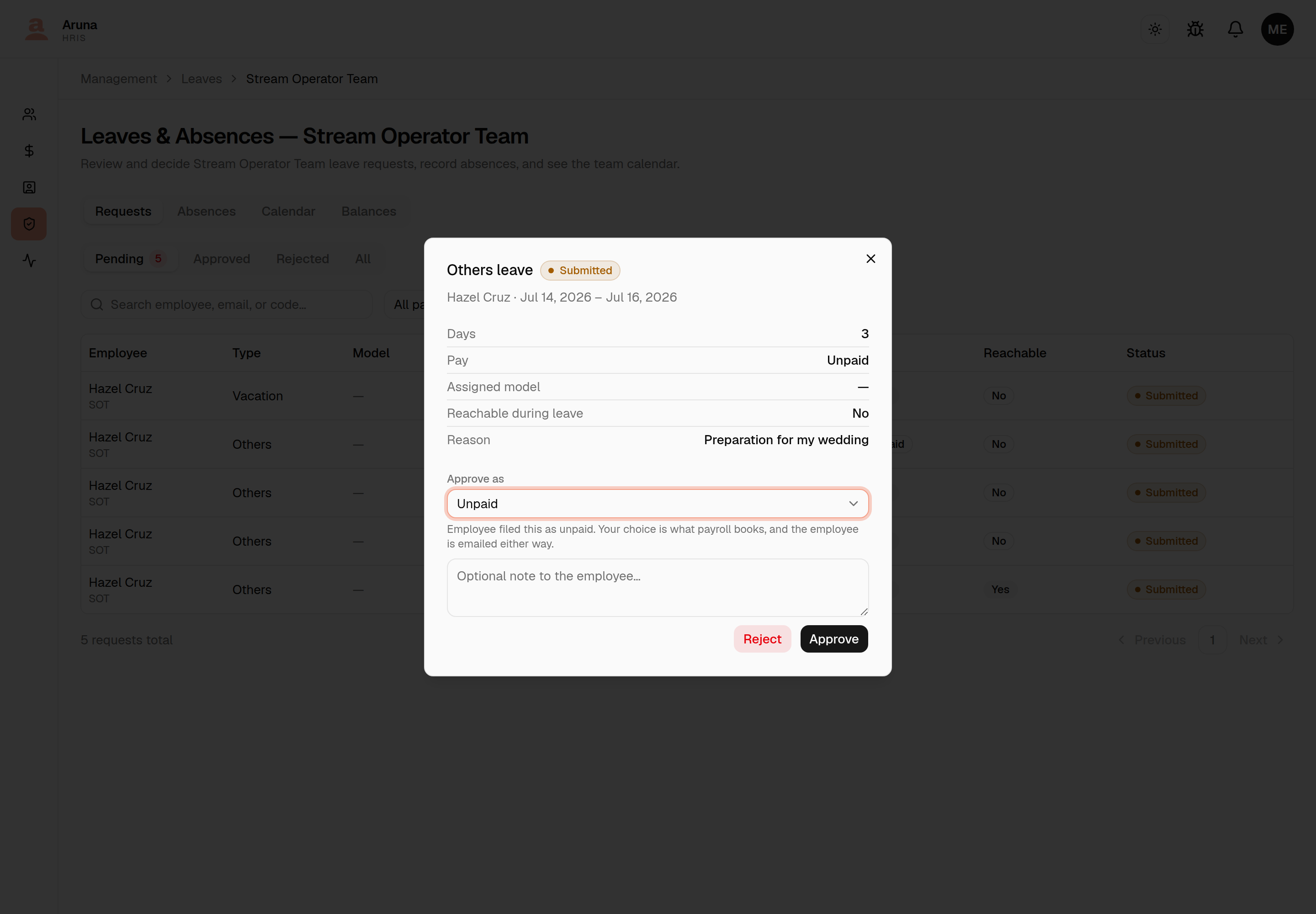 Leave decision dialog for a 3-day Others leave: days, pay, assigned model, reachability and reason, then an Approve as dropdown set to Unpaid with a note that the employee filed it as unpaid, an optional note field, and Reject/Approve buttons.