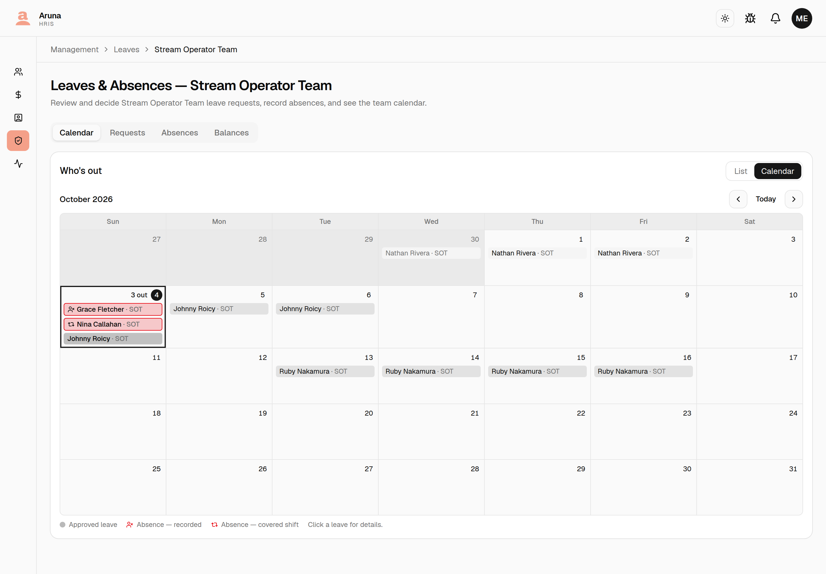 Leaves Calendar tab showing October: today's cell ringed and labelled "3 out", holding two outlined absence entries and one leave entry, with other approved leave spanning days across the month and a legend reading Approved leave / Absence — recorded / Absence — covered shift.