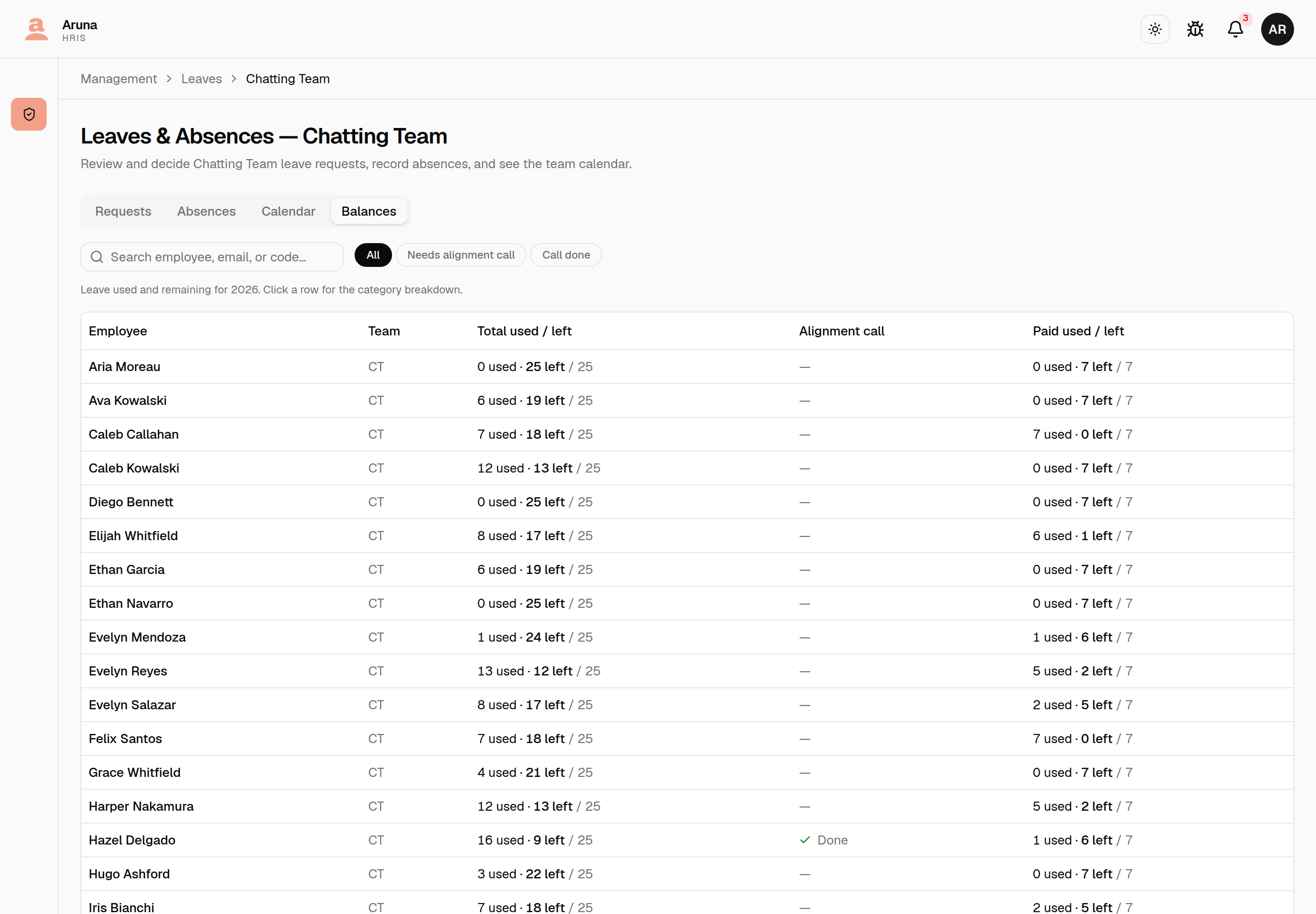 Leaves Balances tab for the Chatting Team: All / Needs alignment call / Call done filters, then per-employee total used/left, an Alignment call column showing a green "Done" against one member, and paid used/left.