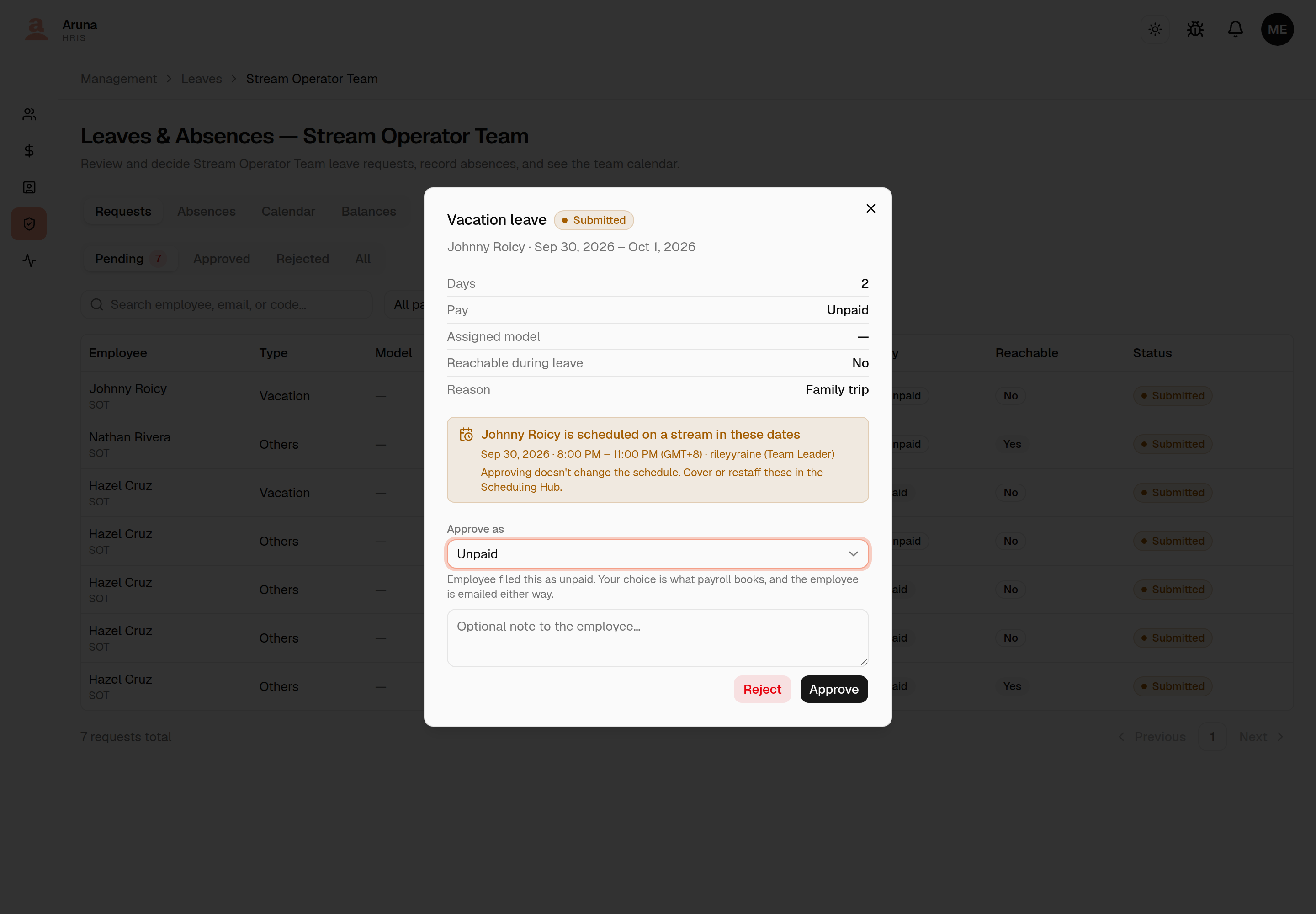 Leave decision dialog for Johnny Roicy with an amber note: "Johnny Roicy is scheduled on a stream in these dates — Sep 30, 2026 · 8:00 PM – 11:00 PM (GMT+8) · rileyyraine (Team Leader). Approving doesn't change the schedule. Cover or restaff these in the Scheduling Hub." above Approve as.