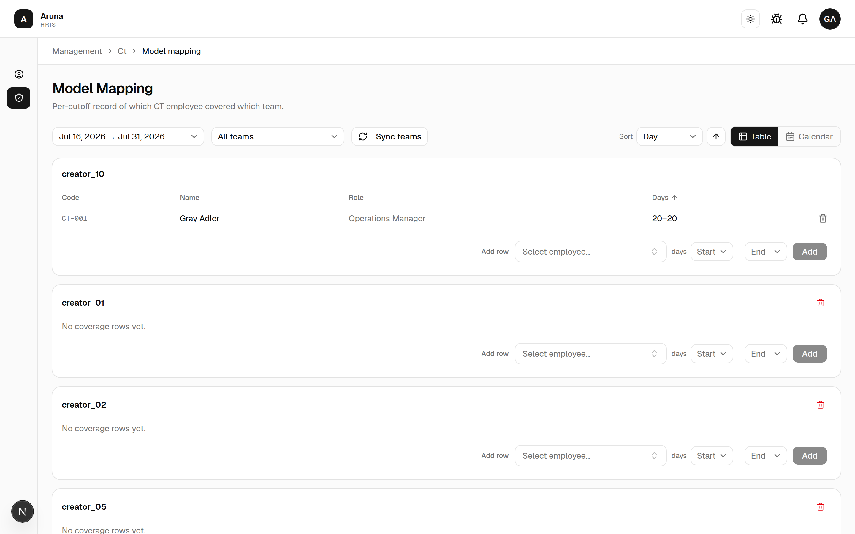 Model Mapping editor: per-model cards with "Add row" (employee, days, start/end), Sync teams, and Table/Calendar toggle.