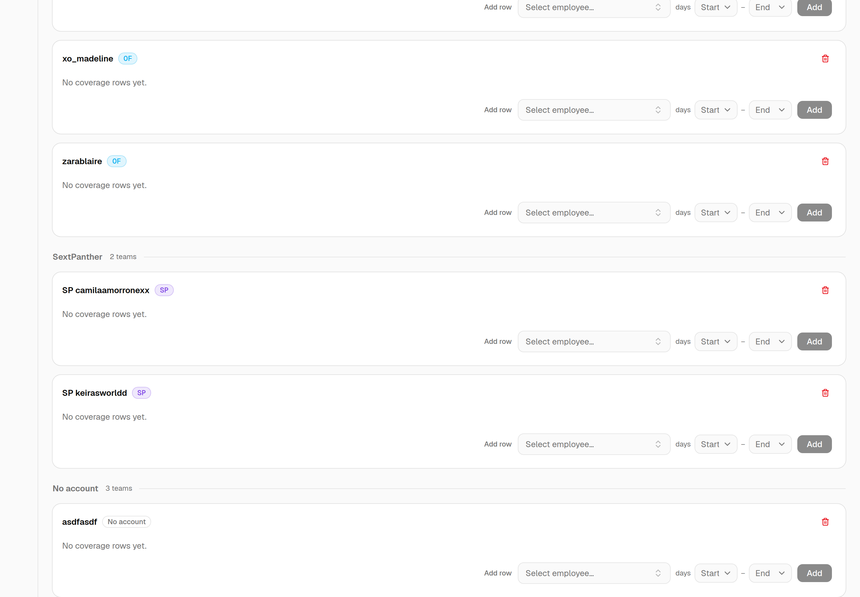 Model Mapping grouped by platform: the end of the OnlyFans section with OF badges, then a SextPanther heading over "SP camilaamorronexx" and "SP keirasworldd" with purple SP badges, then a "No account" heading.