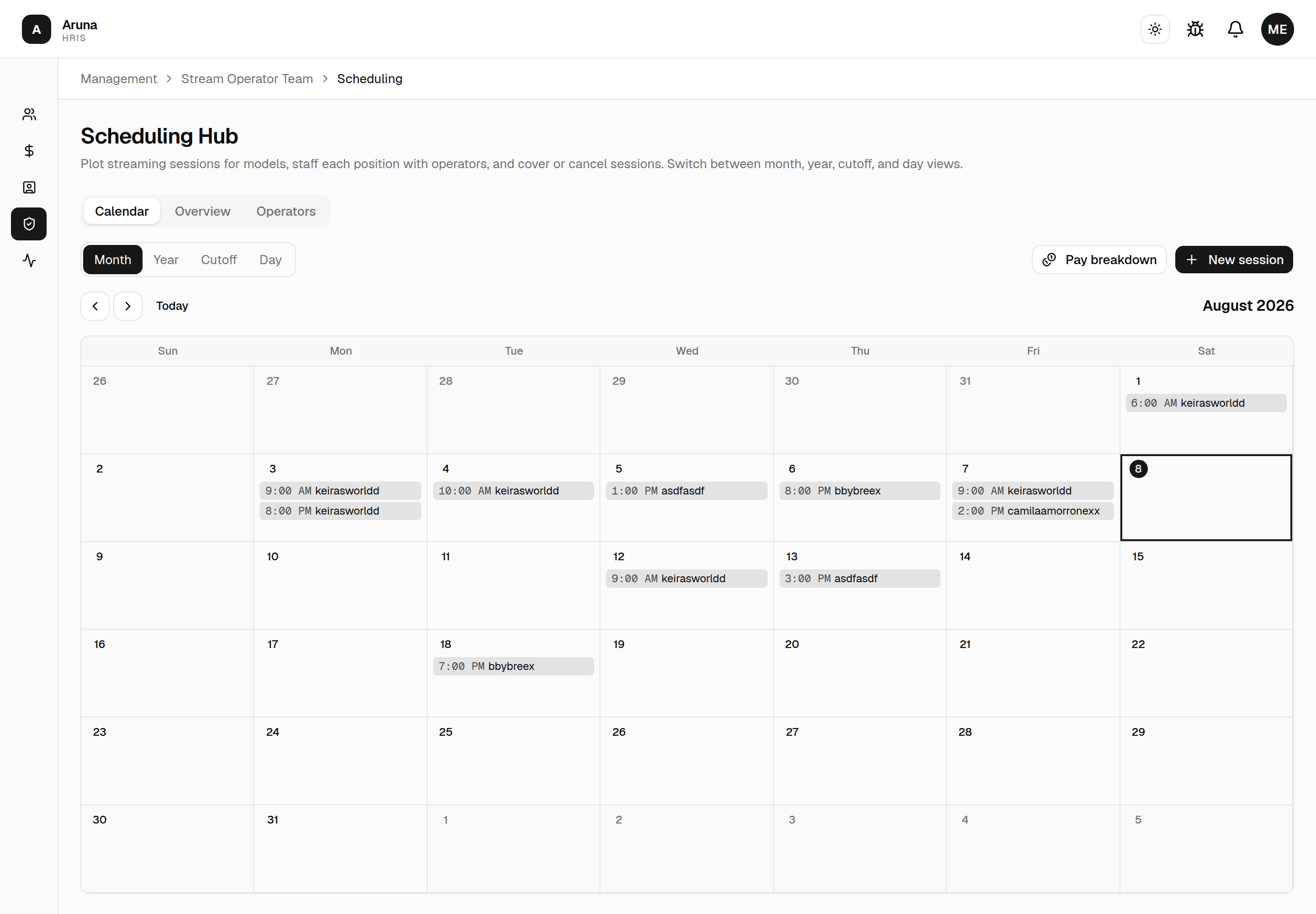 Scheduling Hub: Month / Year / Cutoff / Day views, calendar with today highlighted, and New session / Pay breakdown actions.