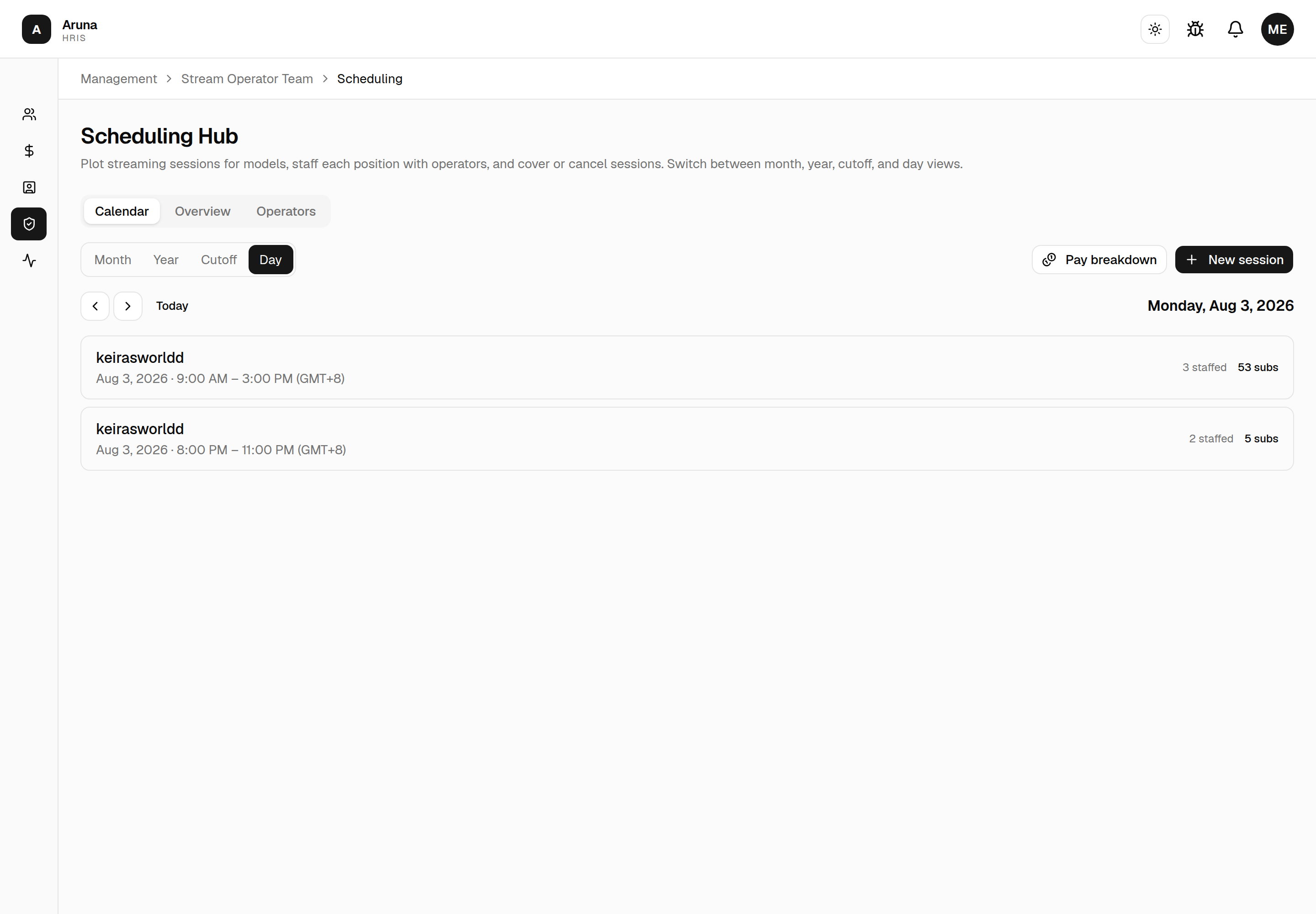Scheduling Hub — Day view: each session shows how many people are staffed and how many subscriptions it landed.