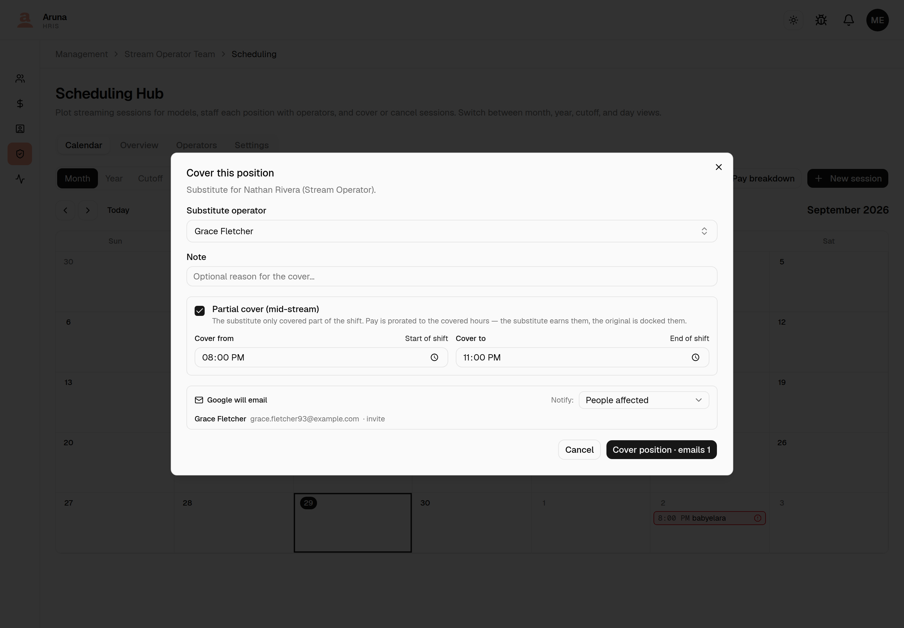 Cover this position dialog with Grace Fletcher as substitute and Partial cover ticked (Cover from / Cover to with Start of shift and End of shift shortcuts); below, "Google will email Grace Fletcher · invite", Notify set to People affected, and a "Cover position · emails 1" button.