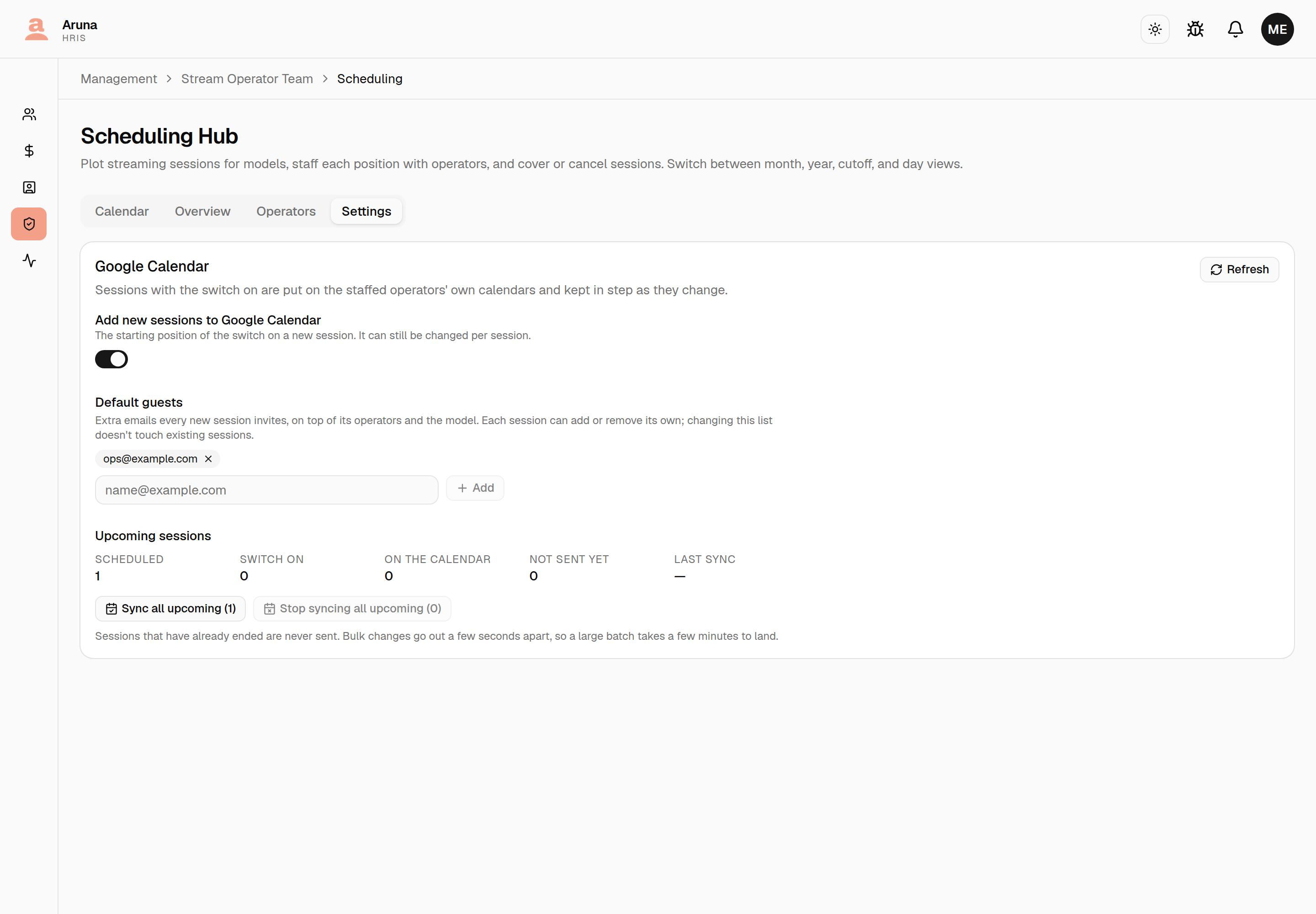 Scheduling Hub Settings tab: the Google Calendar card with the "Add new sessions to Google Calendar" switch on, a Default guests list holding ops@example.com, Upcoming sessions counts (Scheduled 1, Switch on 0, On the calendar 0, Not sent yet 0), and Sync all upcoming (1) / Stop syncing all upcoming (0) buttons.