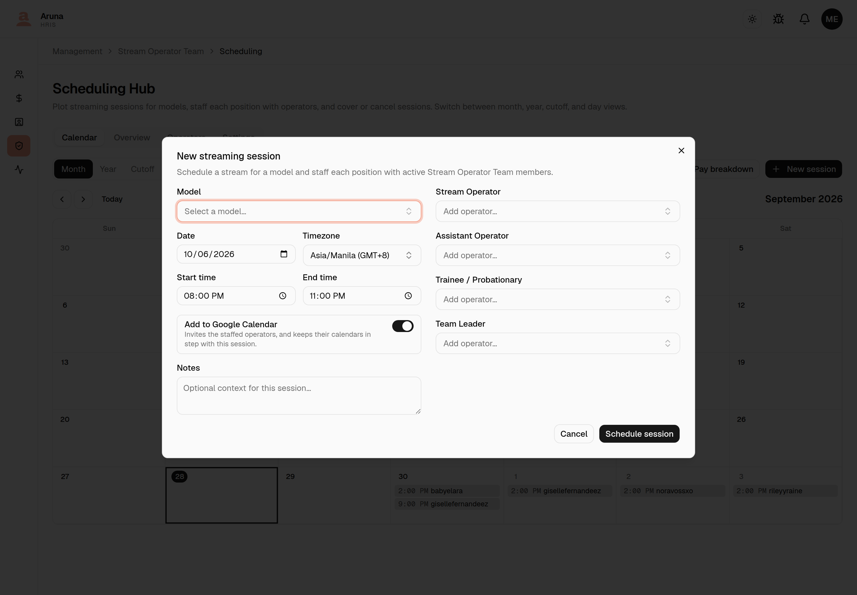 New streaming session dialog with the Add to Google Calendar switch turned on under the start and end times, reading "Invites the staffed operators, and keeps their calendars in step with this session."