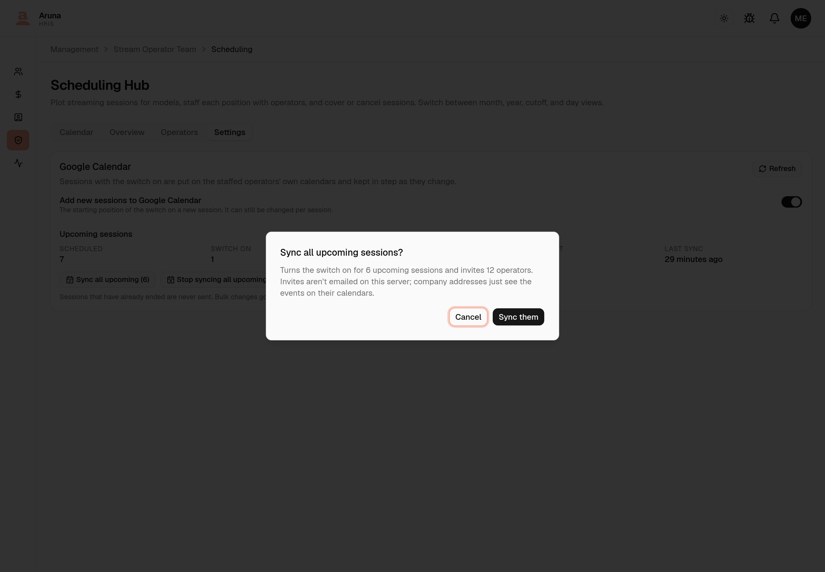 Confirmation dialog: "Sync all upcoming sessions? Turns the switch on for 6 upcoming sessions and invites 12 operators. Invites aren't emailed on this server; company addresses just see the events on their calendars." with Cancel and Sync them.
