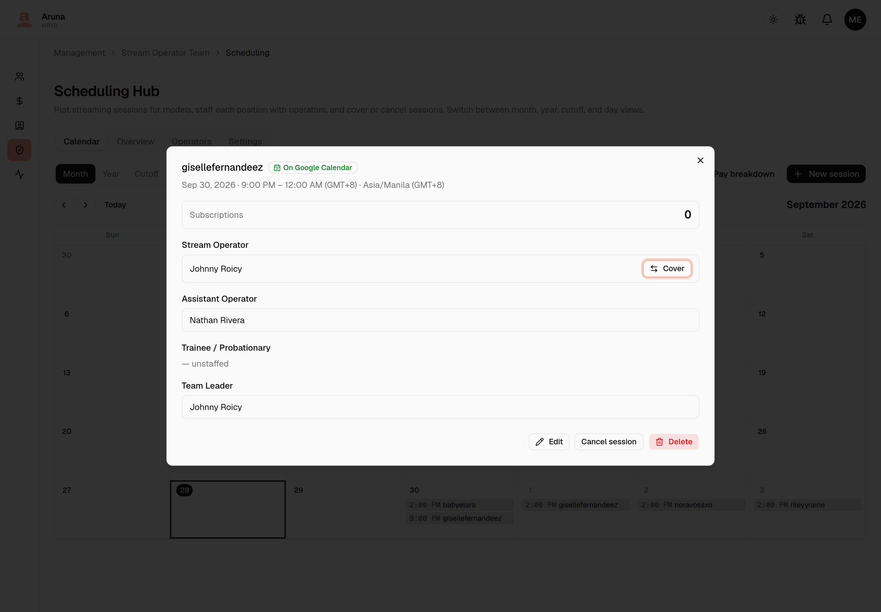 Session detail for Giselle with an "On Google Calendar" badge next to the title, above the Subscriptions total and the staffed positions.