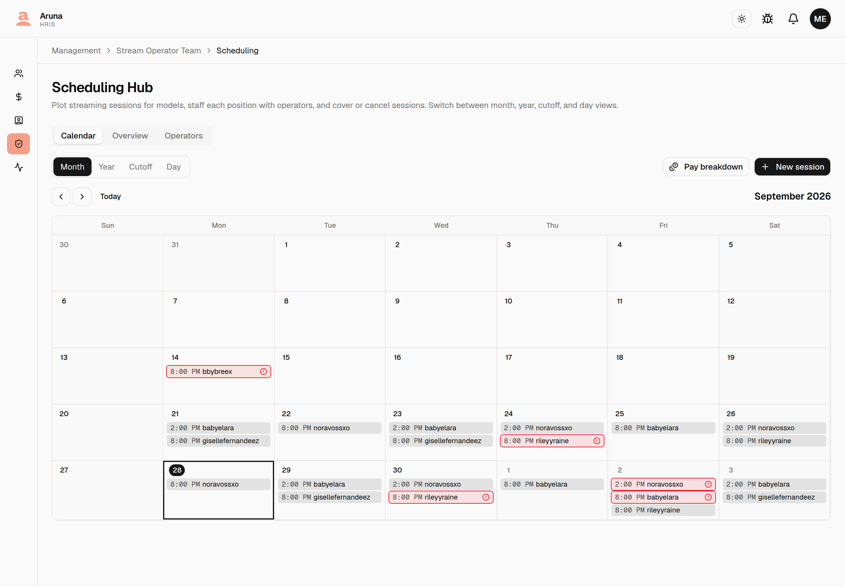 Month view with three sessions outlined in red with an alert icon — on Wed Sep 30 and Fri Oct 2 — marking operators on leave that day.