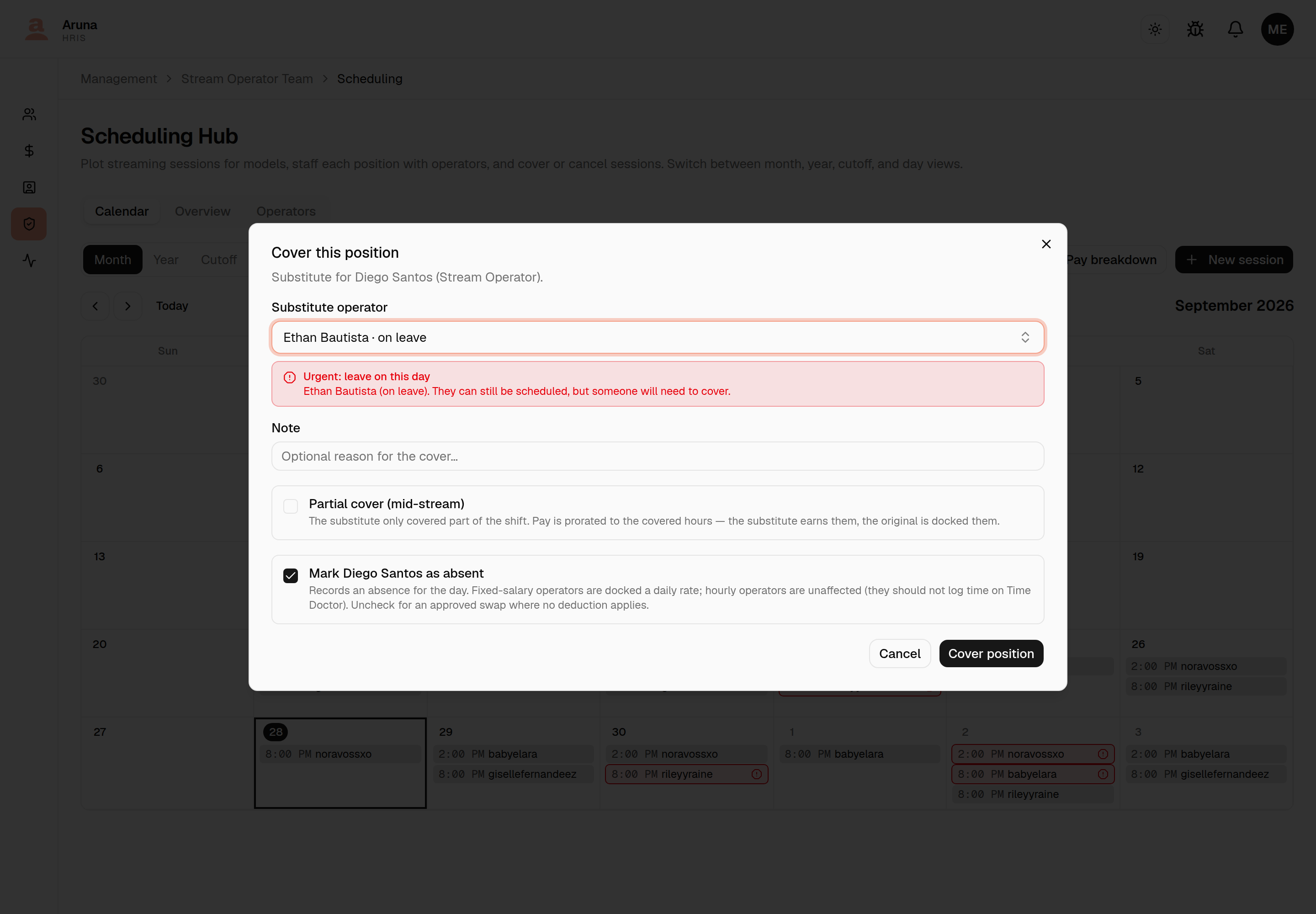 Cover this position dialog with Ethan Bautista · on leave picked as the substitute and a red "Urgent: leave on this day" note beneath.