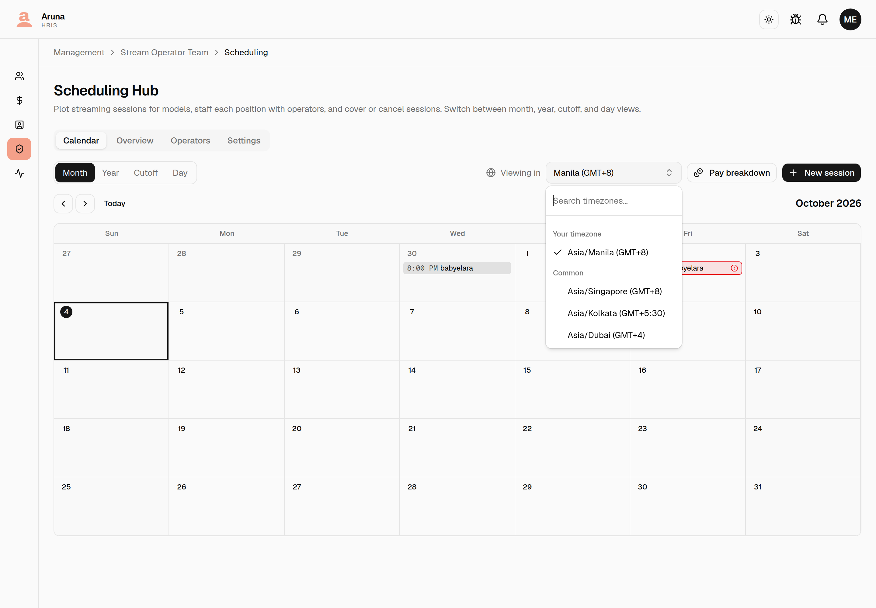 The timezone picker open on the Scheduling Hub, with a search box and the options grouped under "Your timezone" (Asia/Manila, ticked) and "Common" (Asia/Singapore, Asia/Kolkata, Asia/Dubai), each showing its GMT offset.