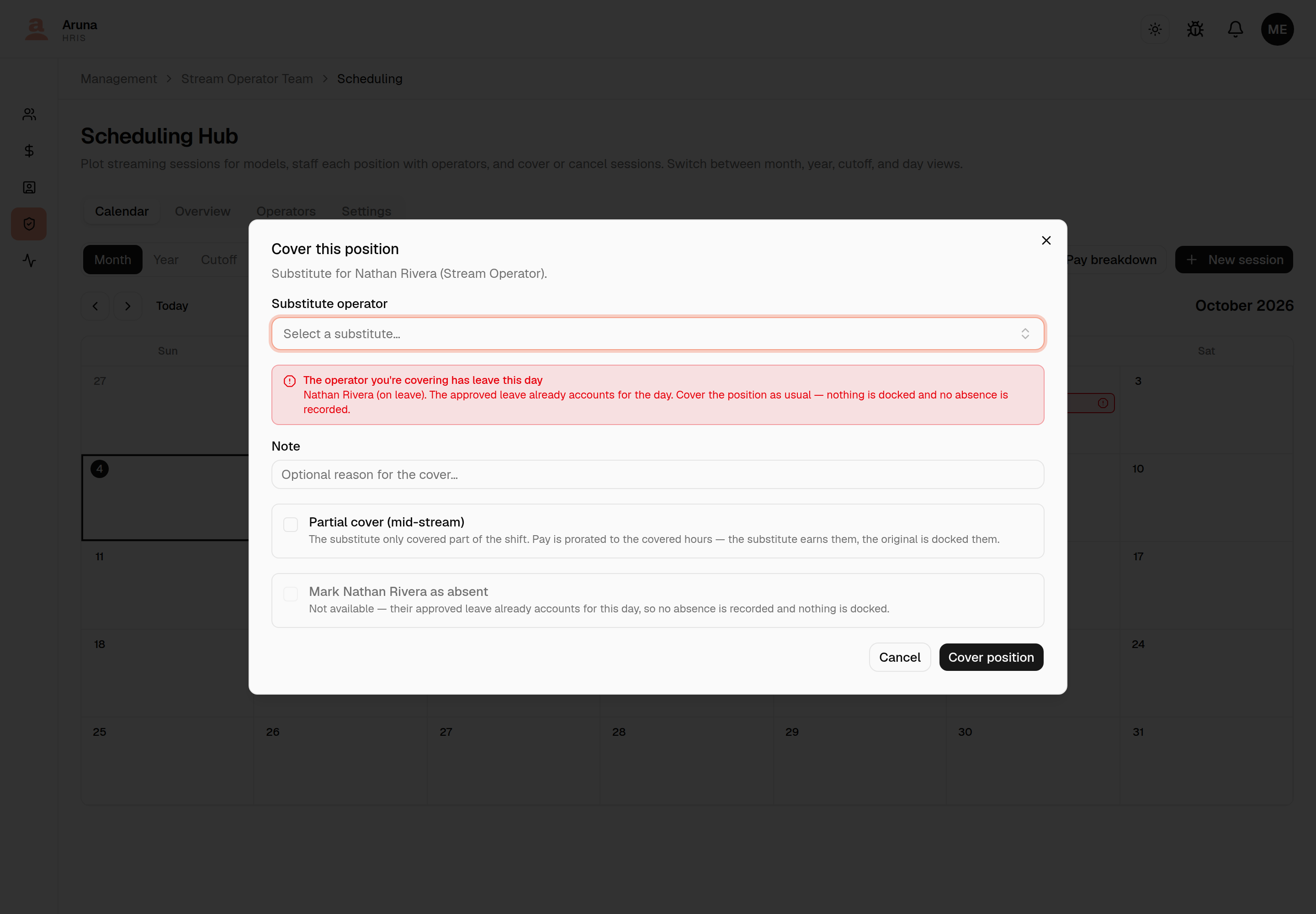 Cover this position dialog for an operator with leave that day: a red note reading "The operator you're covering has leave this day — the approved leave already accounts for the day", and a disabled "Mark ... as absent" option reading "Not available — their approved leave already accounts for this day, so no absence is recorded and nothing is docked."