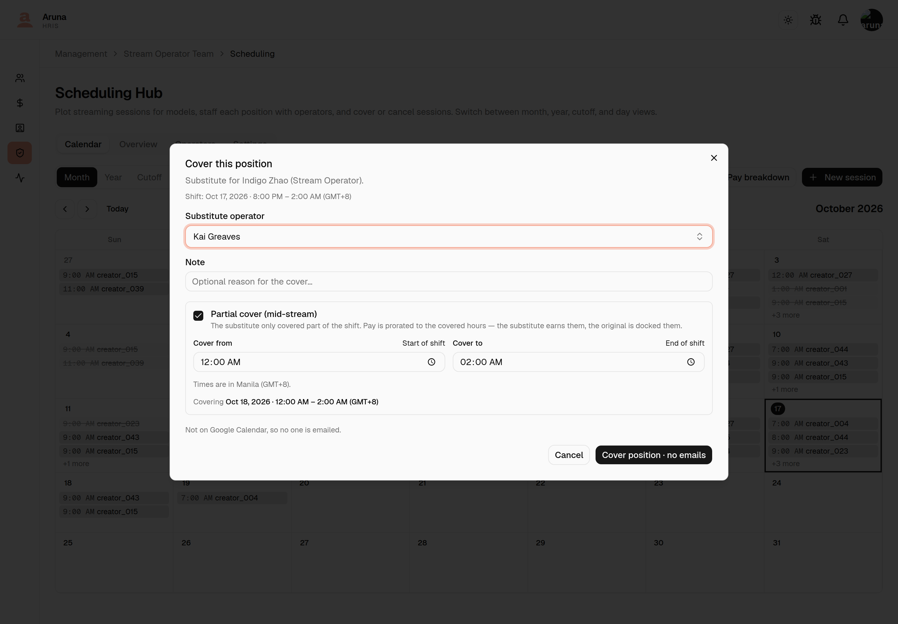 Cover this position dialog for an overnight shift. The header reads "Shift: Oct 17, 2026 · 8:00 PM – 2:00 AM (GMT+8)", Kai Greaves is the substitute, Partial cover (mid-stream) is ticked with Cover from 12:00 AM and Cover to 02:00 AM, and below the fields "Times are in Manila (GMT+8)." and "Covering Oct 18, 2026 · 12:00 AM – 2:00 AM (GMT+8)".