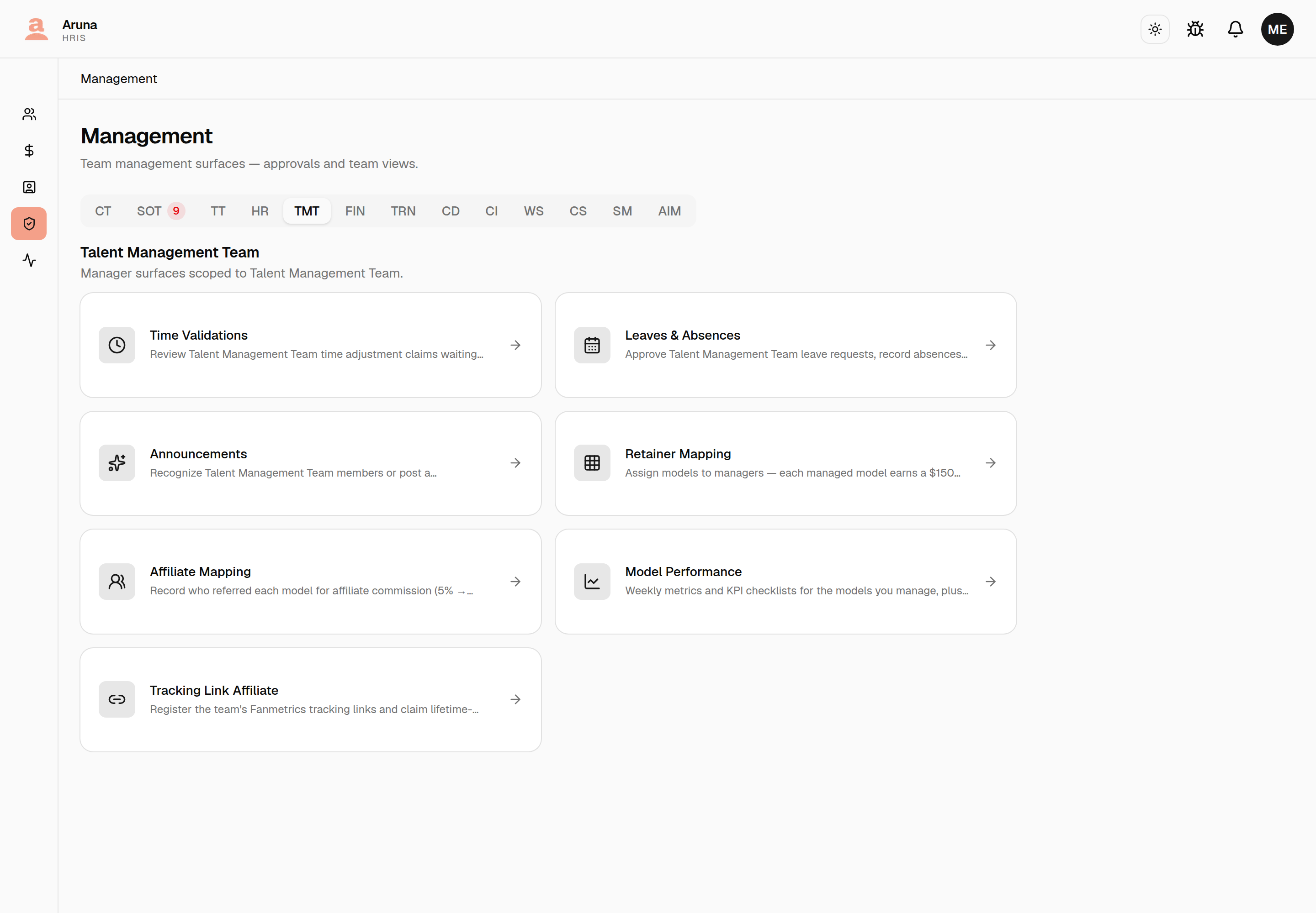 TMT management landing with seven cards: Time Validations, Leaves & Absences, Announcements, Retainer Mapping, Affiliate Mapping, Model Performance and Tracking Link Affiliate.