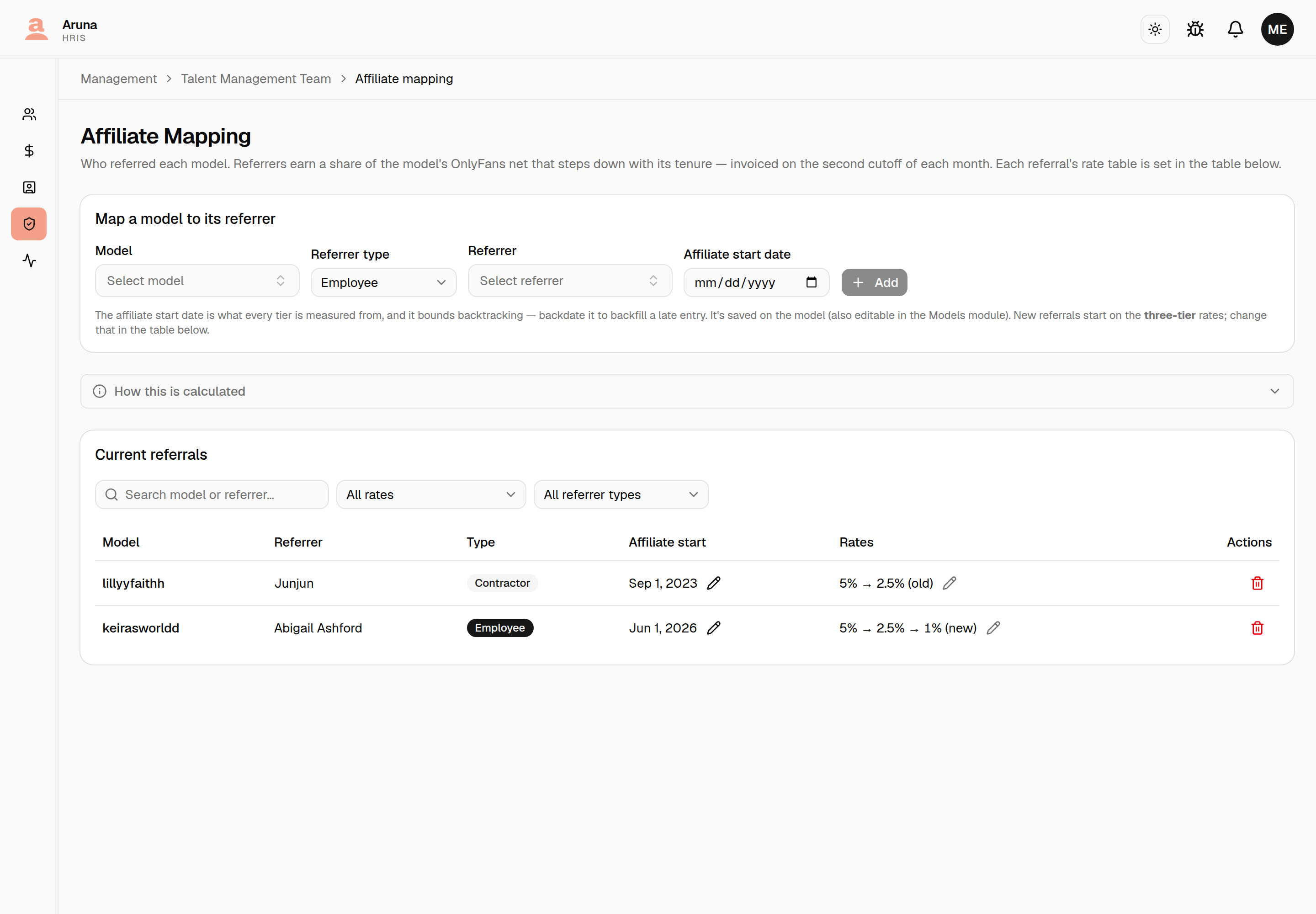 Affiliate Mapping: a description saying referrers earn a share of the model's OnlyFans net that steps down with its tenure, invoiced on the second cutoff of each month; a "Map a model to its referrer" form (model, referrer type, referrer, affiliate start date); a collapsed "How this is calculated" panel; and a "Current referrals" table with search, All rates and All referrer types filters, showing a Rates column with one referral on "5% → 2.5% (old)" and another on "5% → 2.5% → 1% (new)".