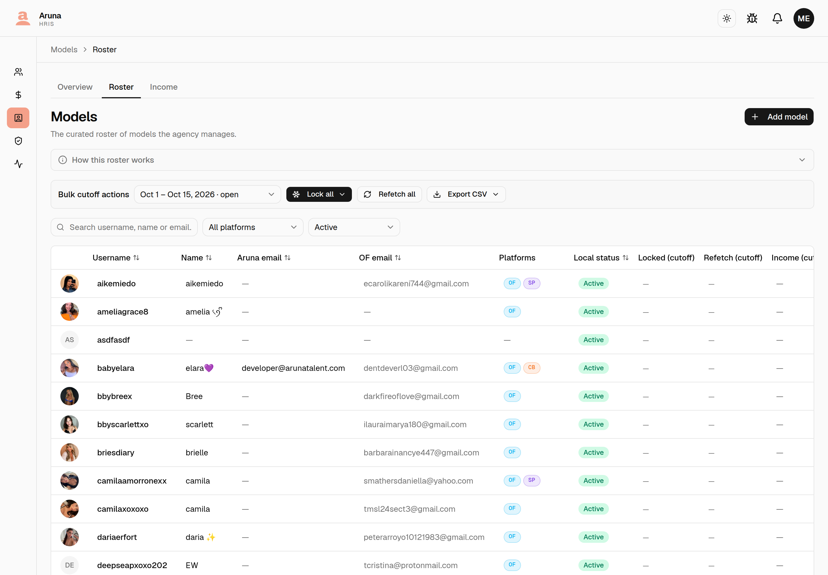The Roster tab: Overview, Roster and Income tabs across the top, a search box with an All platforms dropdown and a status filter, then the table — username, name, Aruna and OF email, a Platforms column of coloured badges (OF, SP, CB), local status, locked/refetch and hand-entered income for the selected cutoff, the last fetch or lock, the upstream session, and last synced.