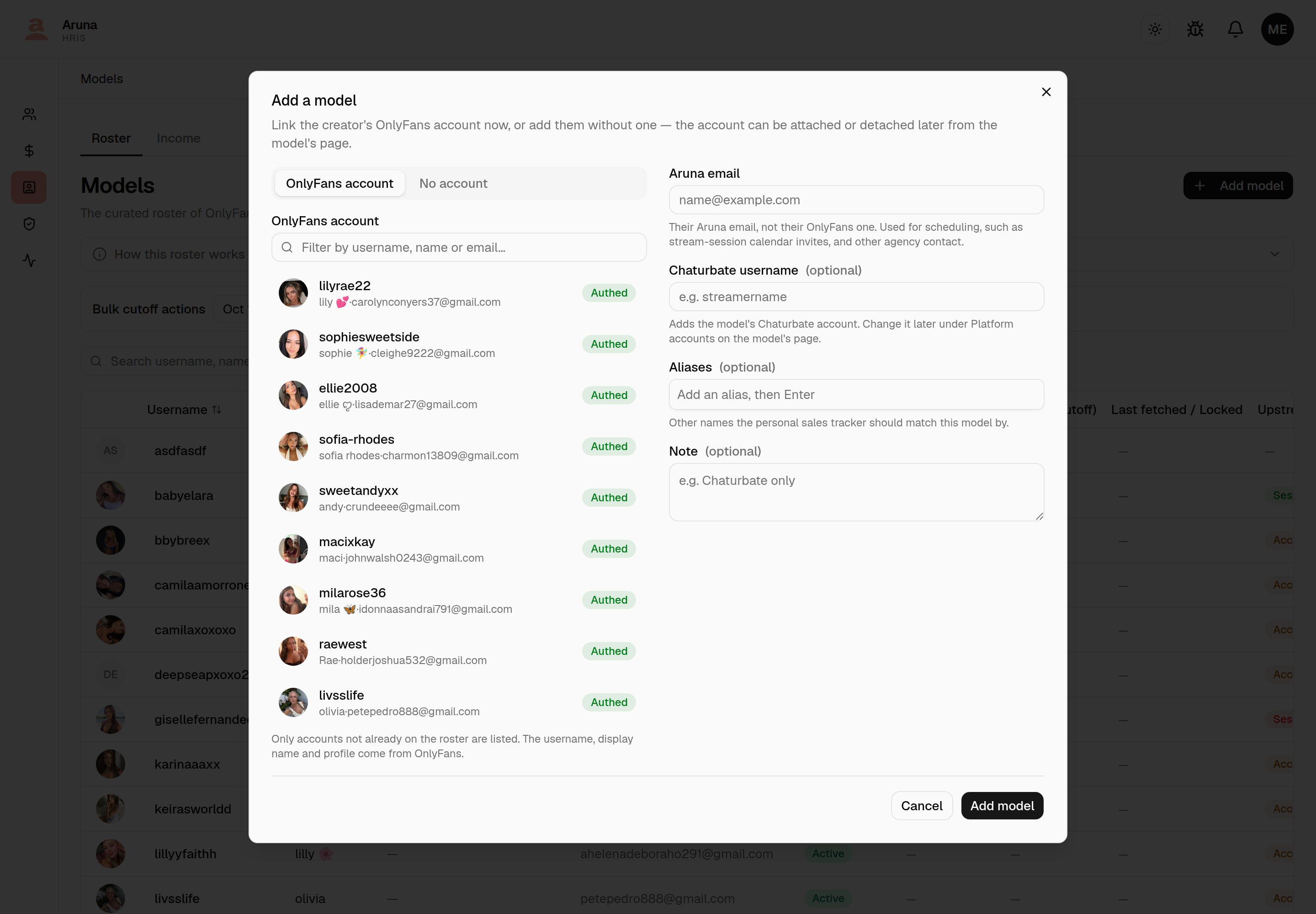 Add a model dialog in two columns: on the left the OnlyFans account tab with a filter box and a list of upstream accounts with "Authed" badges; on the right the Aruna email field (with a note that it is used for scheduling, not their OnlyFans email), an optional Chaturbate username, Aliases and Note.
